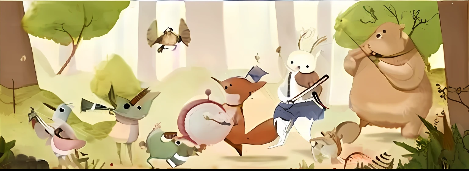 cartoon picture of a group of animals playing music in a forest, marc davis artwork, creatures dancing, animated movie still, animated movie still, classical animation, storybook illustration, Animated Movies, marc davis, Animated Movies, animation illustrative style, in style of hieronymus bosch, cute storybook illustration, Inspired by Hieronymus Bosch, hieronymus bosch style --auto