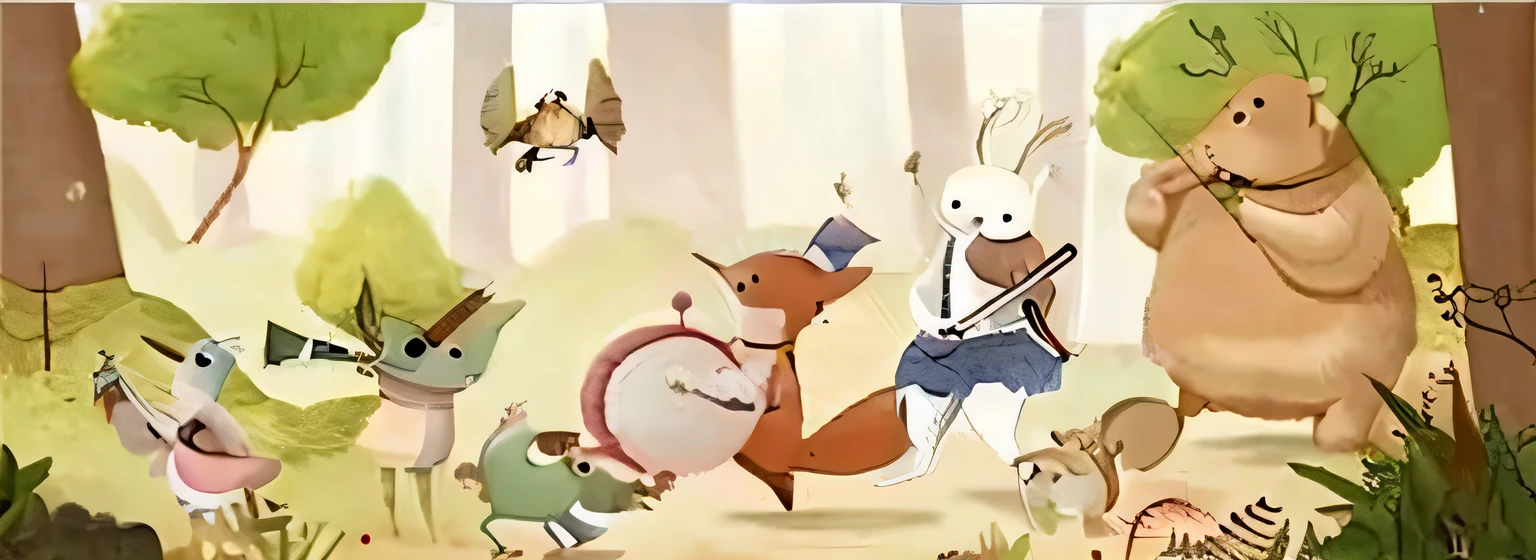 cartoon picture of a group of animals playing music in a forest, marc davis artwork, creatures dancing, animated movie still, animated movie still, classical animation, storybook illustration, Animated Movies, marc davis, Animated Movies, animation illustrative style, in style of hieronymus bosch, cute storybook illustration, Inspired by Hieronymus Bosch, hieronymus bosch style --auto