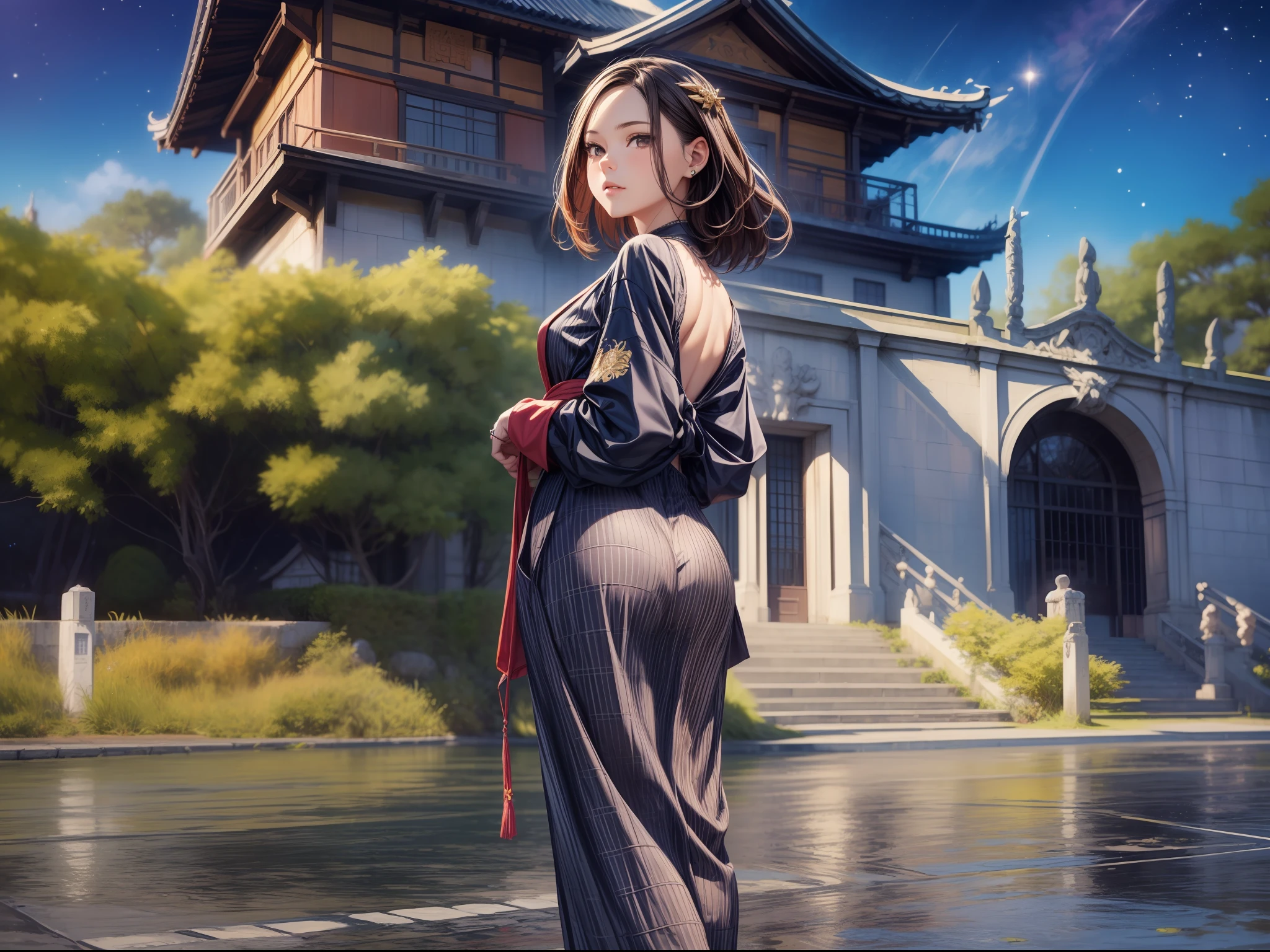 (A masterpice)、specifics、12K、((Full body back photo visible from head to toe))、babes、short dark hair、Colorful inner hair、Realistic and sharp details、portrait shooting、Super Intricate Details、Ultra-fine details、Standing in front of Shuri Castle in Okinawa, Super beautiful sunny sky of galaxy with multiple starry sky.