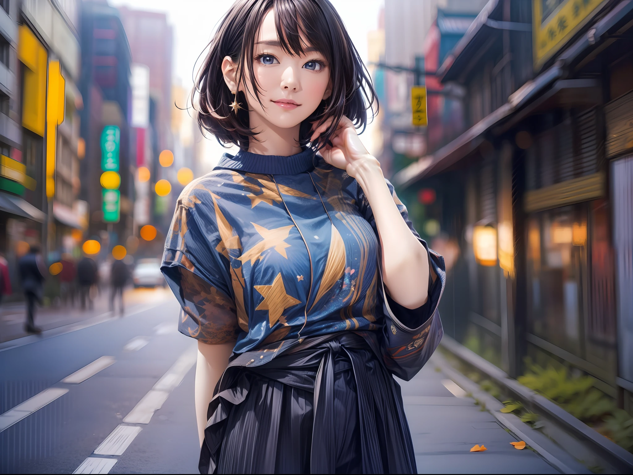 (A masterpice)、specifics、12K、((Full-body photo from head to toe))、babes、short dark hair、Colorful inner hair、Realistic and sharp details、portrait shooting、Super Intricate Details、Ultra-fine details、Standing in Tokyo, Super beautiful sunny sky of galaxy with multiple starry sky.