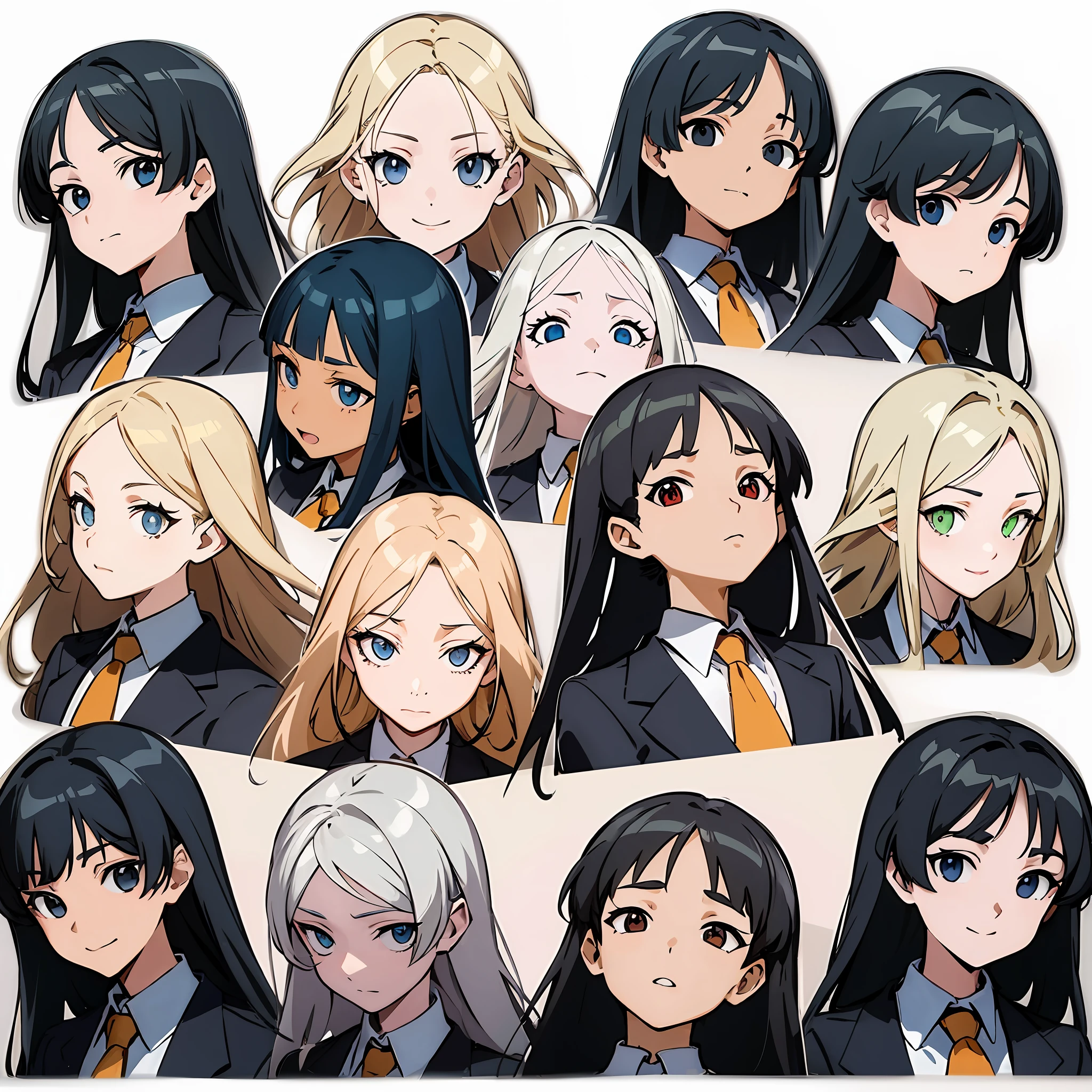 anime characters of different ages and ages of women with blue eyes, anime moe art style, In anime style, girls frontline style, in an anime style, ECCHI anime style, offcial art, ehime, witch academia, Kantai collection style, hq artwork, character select portrait, Official artwork, Anime art style, :14 80s anime style，16 emoticons, emoji sheet, multiple poss and expressions，different emotions