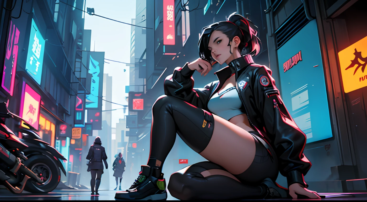 Anime girl sitting,  female cyberpunk anime girl, cyberpunk 2 0 and. o model girl, cyberpunk anime girl, cyberpunk girl, jet black haired cyberpunk girl, Cyberpunk: Evil Magnificent Goddess, female cyberpunk, beautiful cyberpunk woman model, cyberpunk beautiful girl, inspired by Leng Mei, cyberpunk character, modern cyberpunk anime, anime cyberpunk --auto