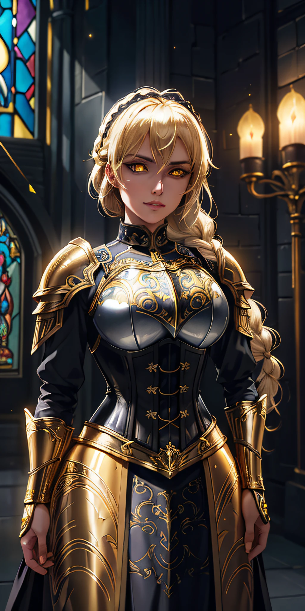upper body of dark knight lady in ornate obsidian armor, black collar, pauldrons, breastplate, corset, glowing halo, single braid, dark, yellow glowing eyes, bright pupils, eye focus, red cape, temple indoors, stained glass windows, night, moonlight, particles, light beam, chromatic aberration
