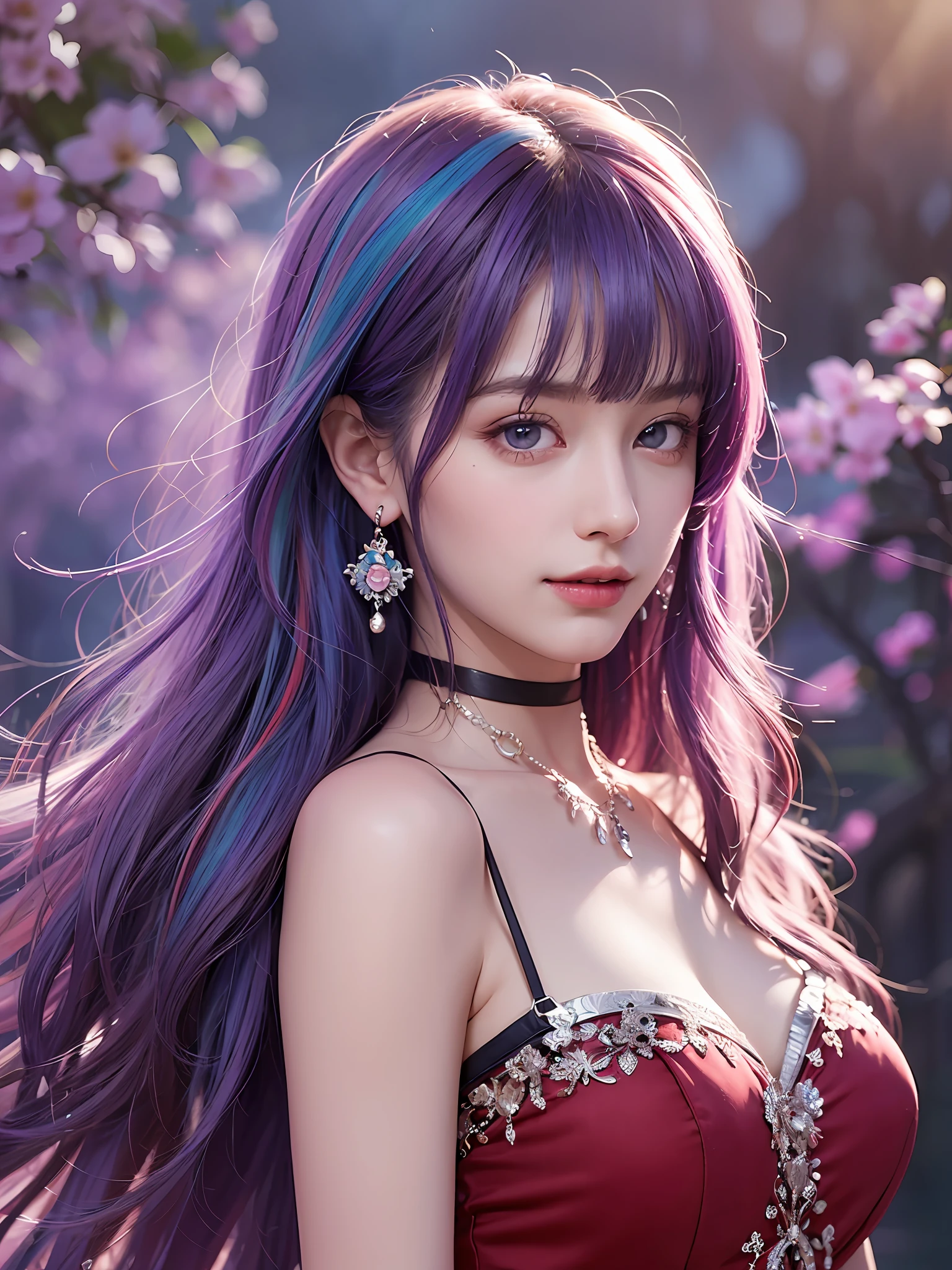 (masterpiece, best quality, 1girl, solo, intricate details, chromatic aberration), (realistic),(skin), ((breath)),(long purple hair,blunt bangs),detailed hair, red head ornament, blue highlights, hair over one eye,purple eyes, earrings, sharp eyes, choker, jean,open waist,((symmetry eyes)),((perfect symmetrical body)),(pureerosface_v1:0.3),smile,red dress, night,(((natural light))),look at viewer,((centered shot, from front,(face and waist))),cherry tree,roses
