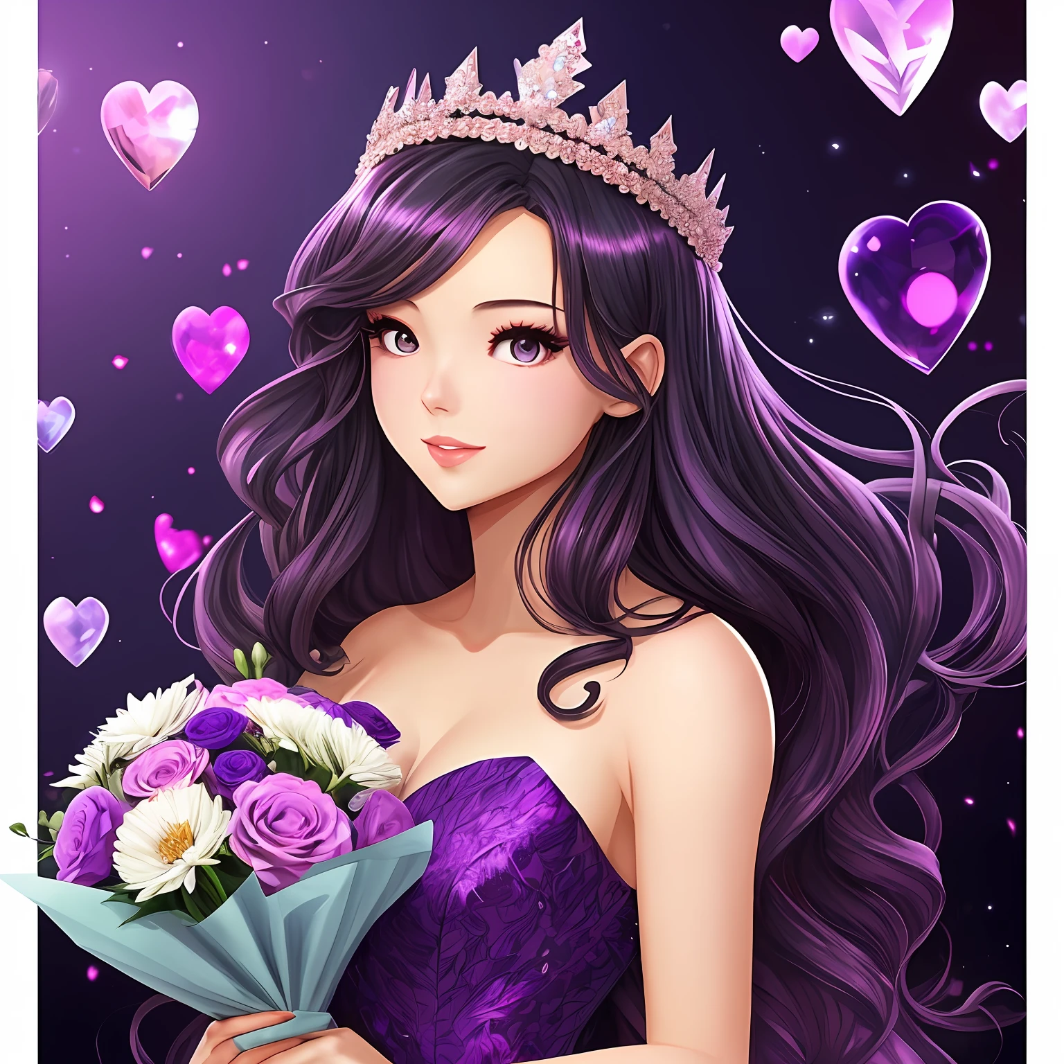 A three-dimensional comic girl with a diamond crown on her head,Holding a bouquet of flowers,The background is purple romantic full of love --auto