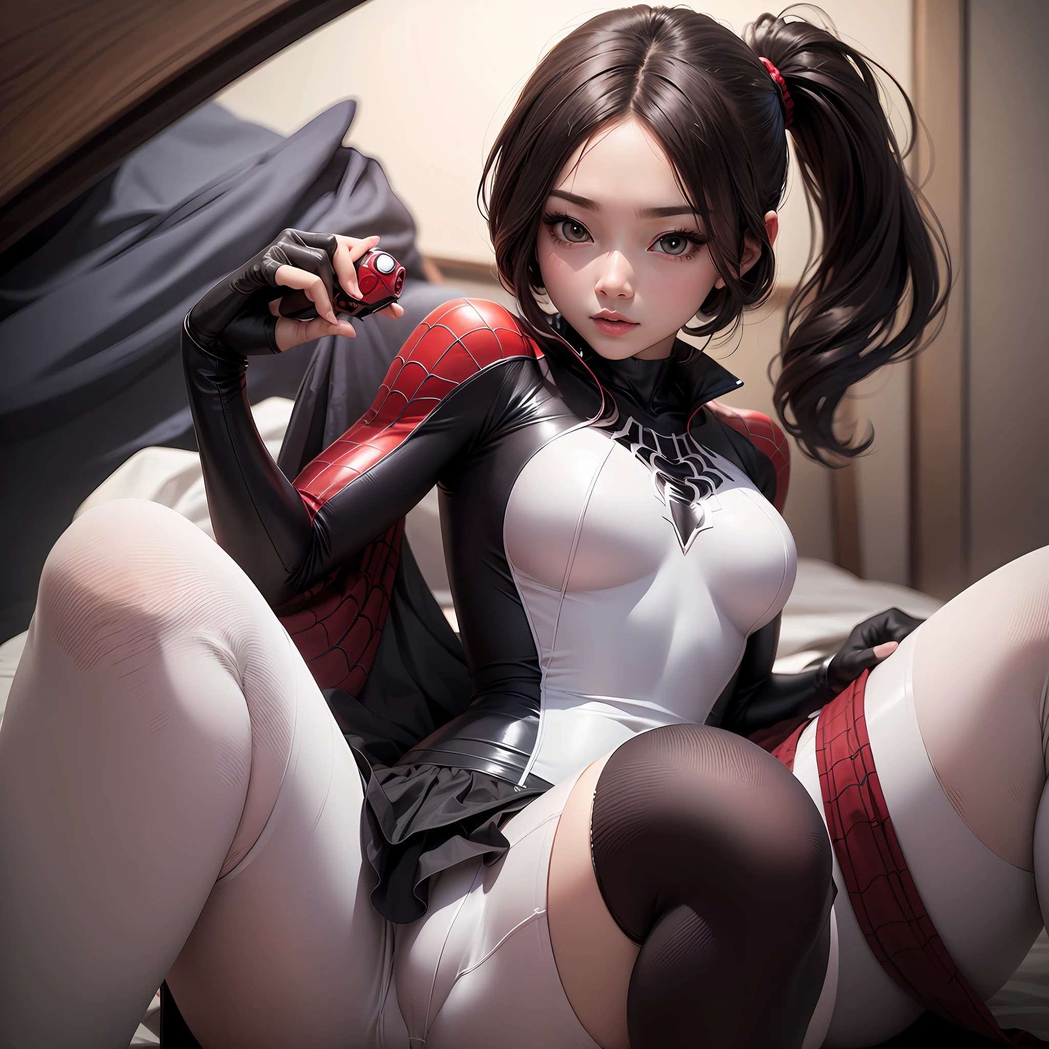 Top image quality、real photographic、4K、Beautie、ponie tail、japanes、spiderwoman、mini-skirts、white shorts、Decided Pose、rubbersuit、Skirt for the lower body、 --auto