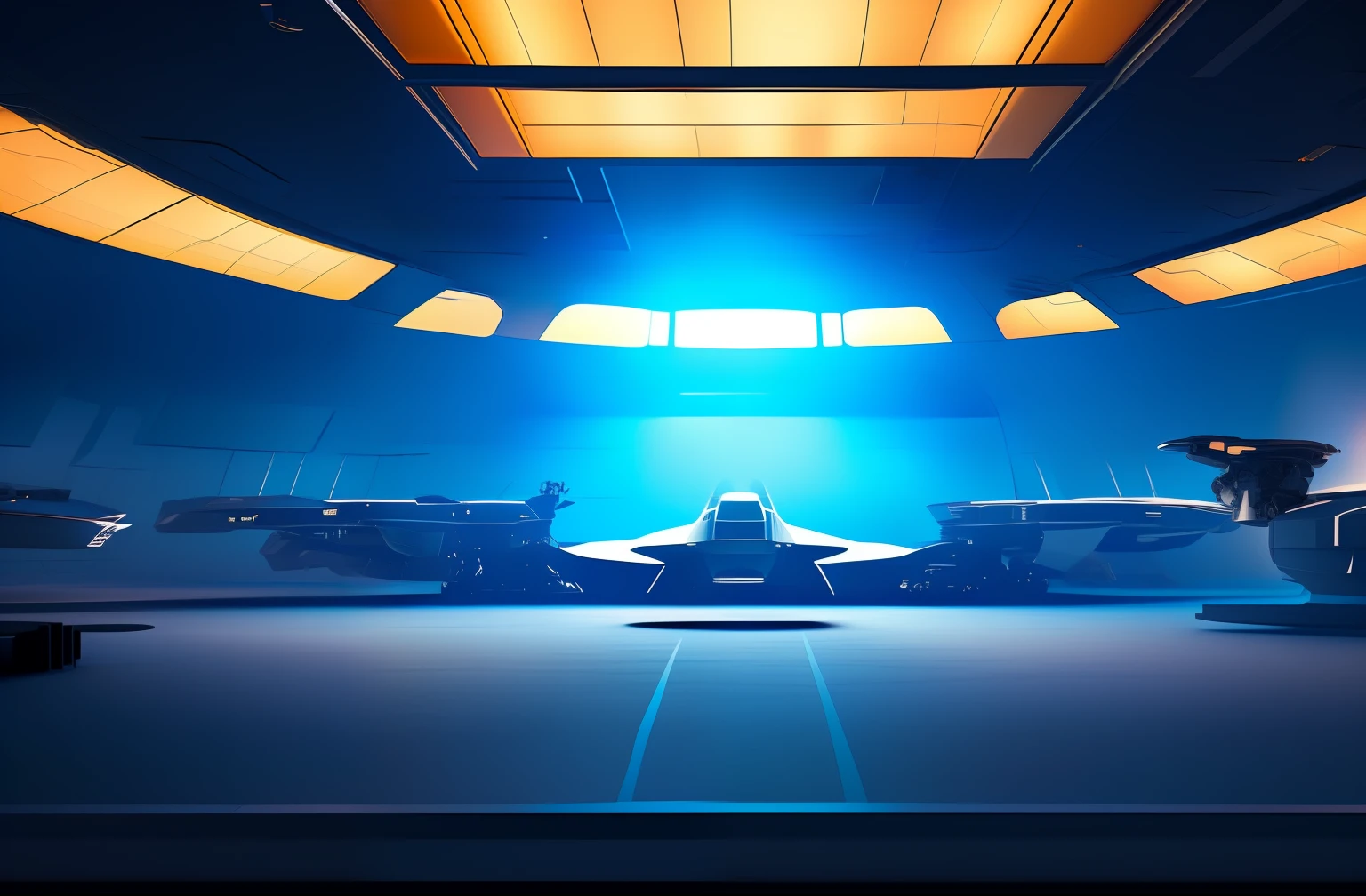 There is a spaceship warehouse surrounded by mecha, Empty stage, Stage background, dimly lit space, arena background, Spaceship corridor background, background を black (Three-dimensional), epic concept art. blury, space in background, alien room background, blur backgr, spaceship hangar, ((stage light)), backroom background