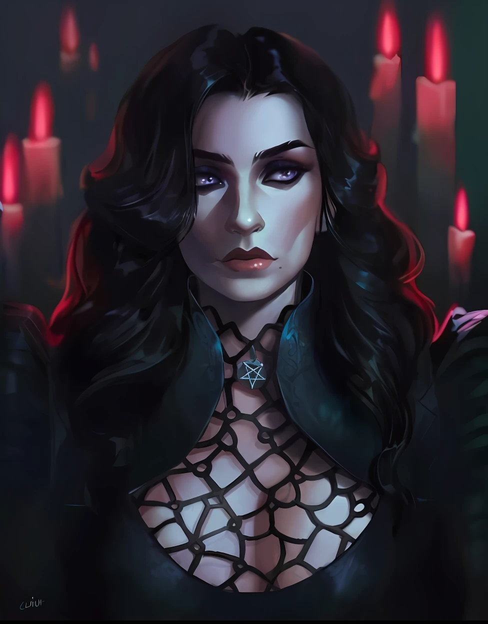 um close up de uma mulher com cabelo escuro e um top preto, Yennefer, Yennefer de Vengerberg, rainha feminina vampira bonita, Carmilla Vampiro, arte de estilo fantasia escura, rainha vampira bonita, Rainha escura das cobras, Gothic fantasy art, Alena Aenami e Artgerm, arte de fantasia sombria, no estilo da arte da fantasia sombria. Use the image of this woman and do a close-up of a necromancer in Dungens and Dragons