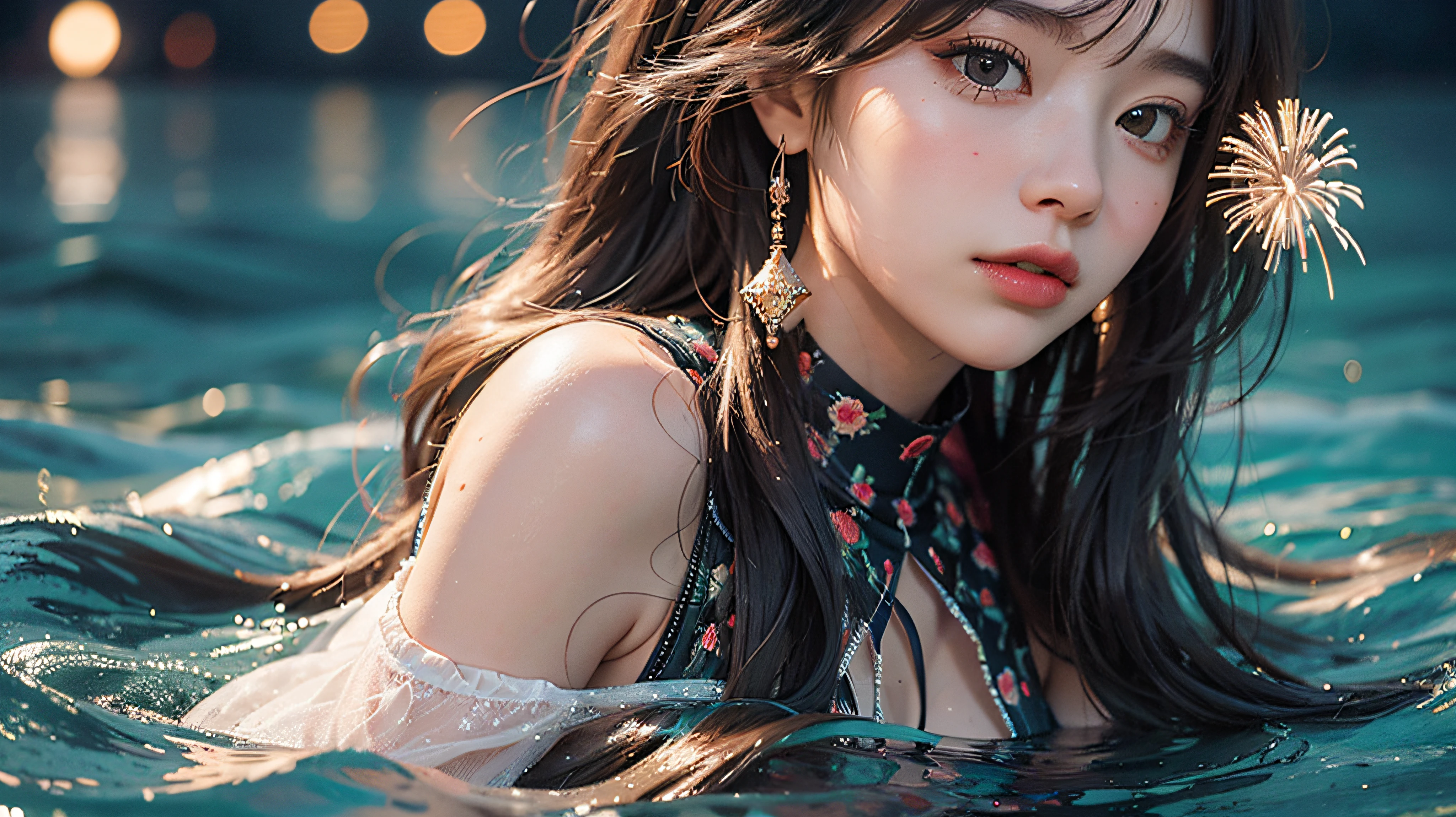 masterpiece, best quality, 1girl, outdoors, black hair, glowing, night sky, yellow eyes, looking back, long hair, erfly, water,