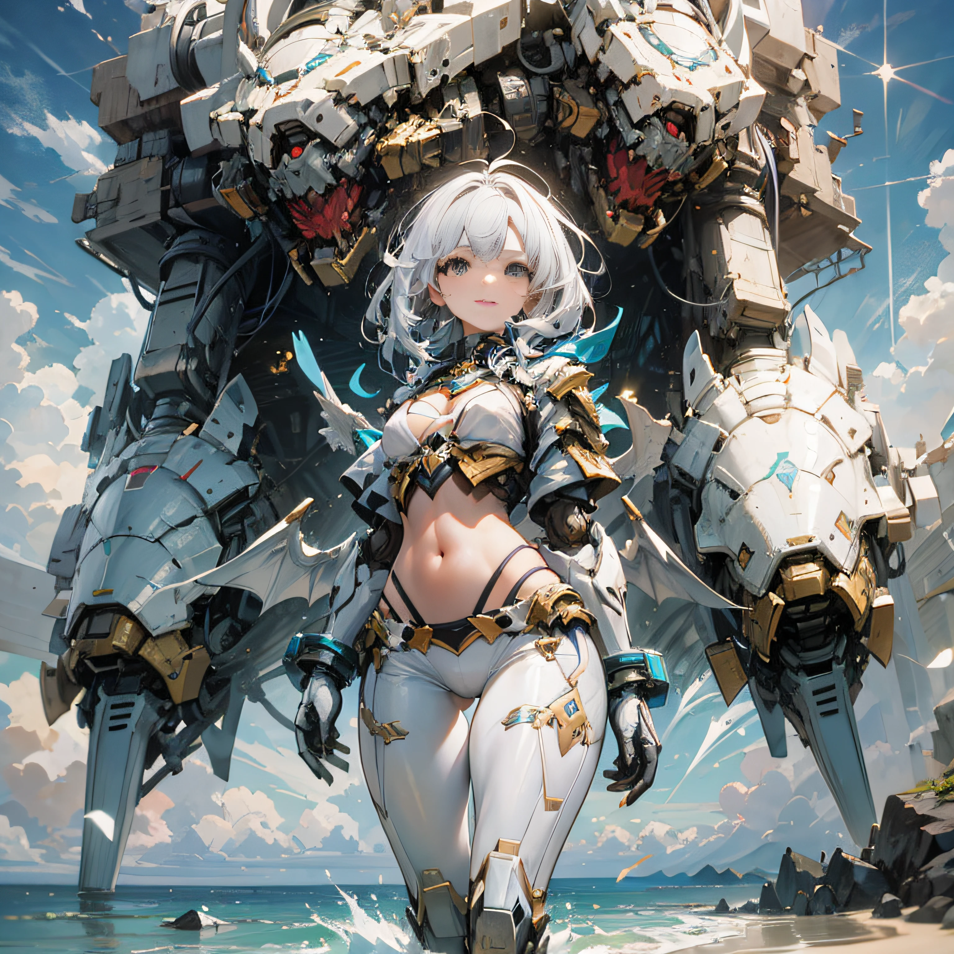 (outstanding, professional, surreal), full-body shot. Smiling face. Summer sea spreading over the blue sky of Hawaii. I am flying with a mechanical dragon equipped with large wings. The white metal shell shimmers. Exposing cleavage. The robot mech is tall and exudes unparalleled majesty and strength. Standing next to the robot, you see an impressive age girl. With white hair, she wears a white bikini and tight-fitting white bikini pants, emphasizing her perfect figure. The bikini texture contrasts with the metallic texture of the robot, showing a unique visual effect. The firm and resolute eyes of the girl indicate that she is fearless (the girl is in good shape, shows a navel, medium chest, clear facial details)