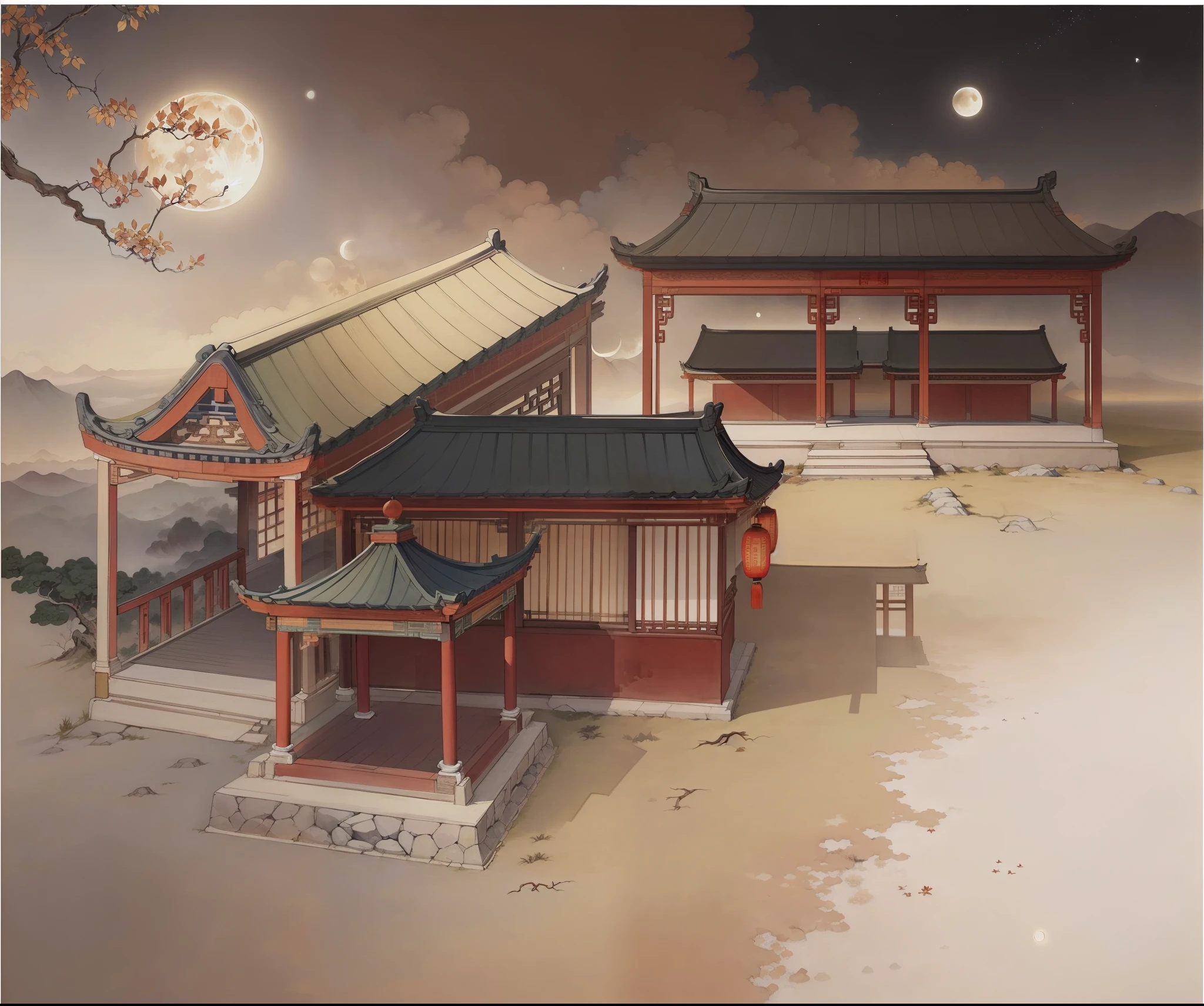Ancient Chinese landscapes,Ancient buildings,Pavilions,Carved beams and paintings,enchanting scenery,Night,moon light,Layered, rich light and shadow,Mid-Autumn Festival, Ink painting style,clean color,Low-saturation colors,Colors of low brightness,Decisive cut,Leave white space,Freehand,nmasterpiece,Ultra-detailded,Epic composition, HighestQuali,super-reality,Art germ --v 6
