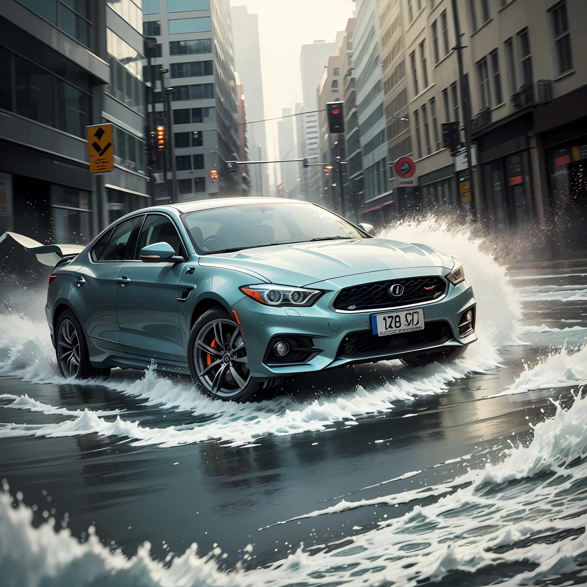 Craft a dynamic composition depicting a thrilling car chase in torrential rain, capturing the adrenaline-fueled action from a low angle. Utilize a fish-eye lens to heighten the sense of speed and distortion as the vehicles navigate through the flooded streets, with cascading water splashing and reflecting the vibrant headlights. --auto
