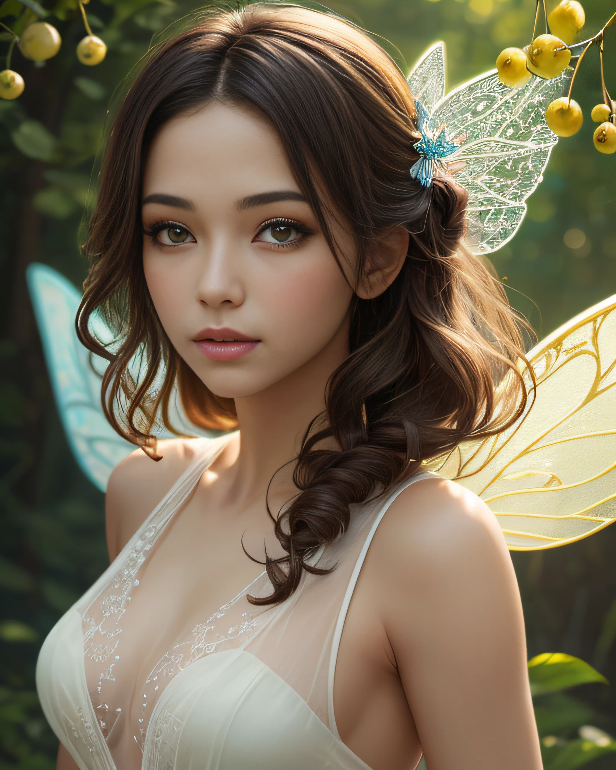 (best quality:1.33), (masterpiece:1.42), (realistic:1.24), (detailed:1.15), 1girl, matte yellow skin, white currant nymph, fairy wings, see-through gossamer, cowboy shot, illustration