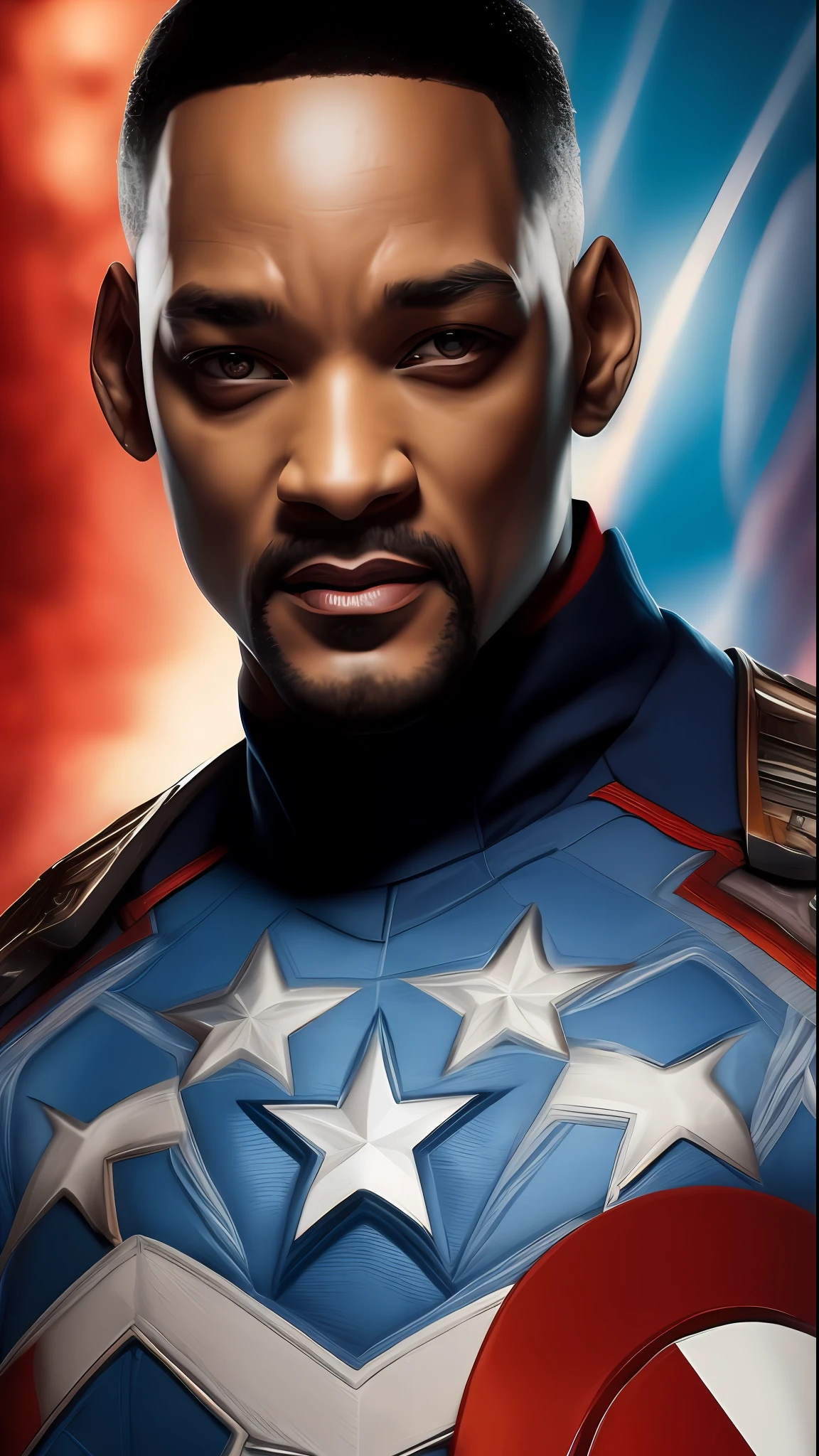. .Tarantino style Will Smith as Captain America 8k, high definition, detailed face, detailed face, detailed eyes, detailed suit, in style of marvel and dc, hyper-realistic, + cinematic shot + dynamic composition, incredibly detailed, sharpen, details + superb details + evening with light + perfectionism + award winning realism ((moody lighting))