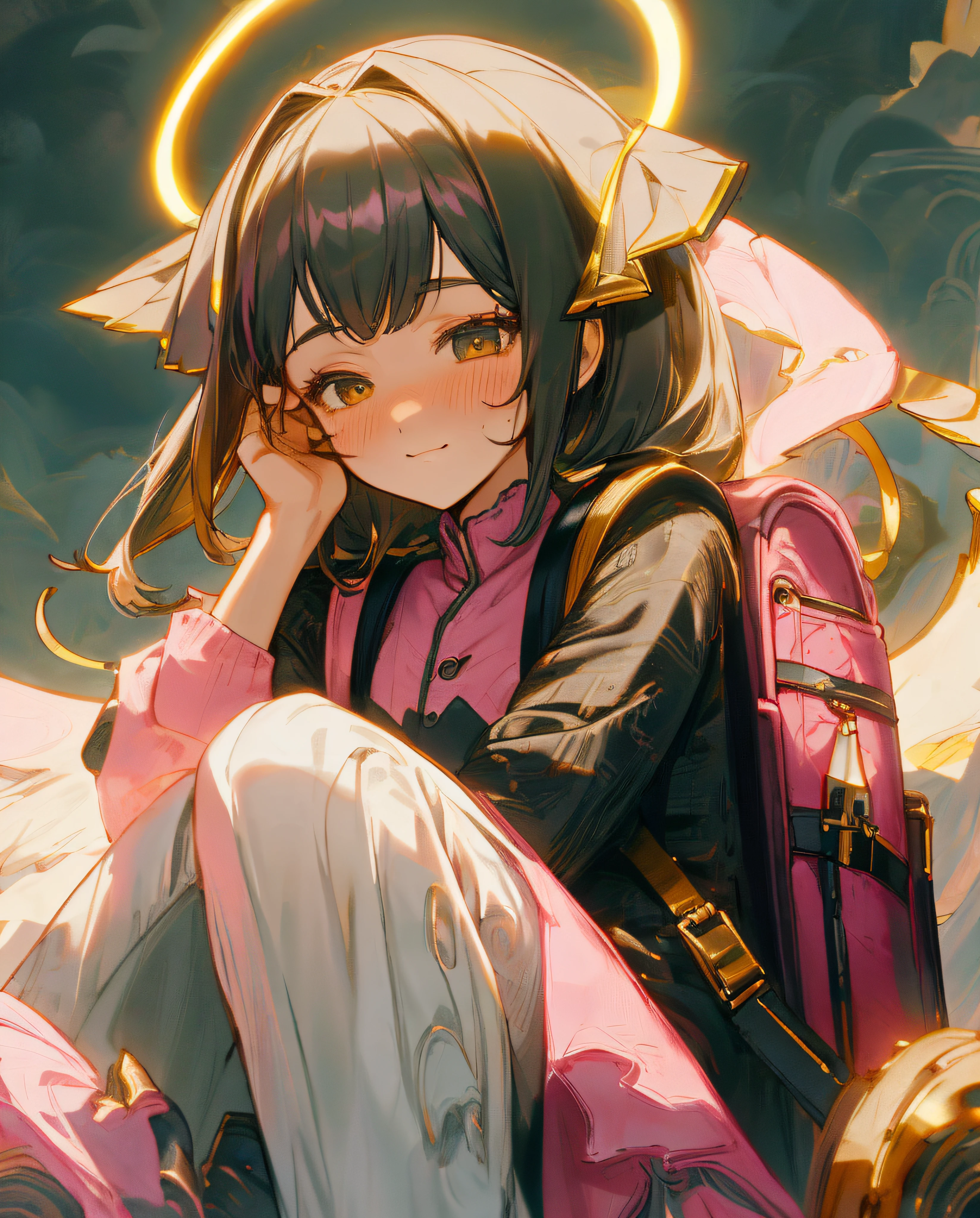 A girl sits in a park with a backpack on her back, Shy face,Blush on the face,shylily,Number of high resolution,Ultra-detailded,realistictexture,Bold textures,Crazy textures,Pink and black jirai fashion,