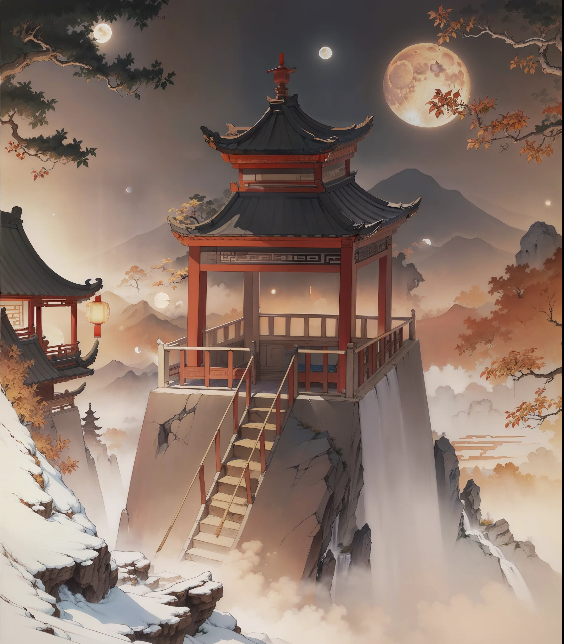 Ancient Chinese landscapes,Ancient buildings,Pavilions,Carved beams and paintings,enchanting scenery,Night,moon light,Layered, rich light and shadow,Mid-Autumn Festival, Ink painting style,clean color,Low-saturation colors,Colors of low brightness,Decisive cut,Leave white space,Freehand,nmasterpiece,Ultra-detailded,Epic composition, HighestQuali,super-reality,Art germ --v 6