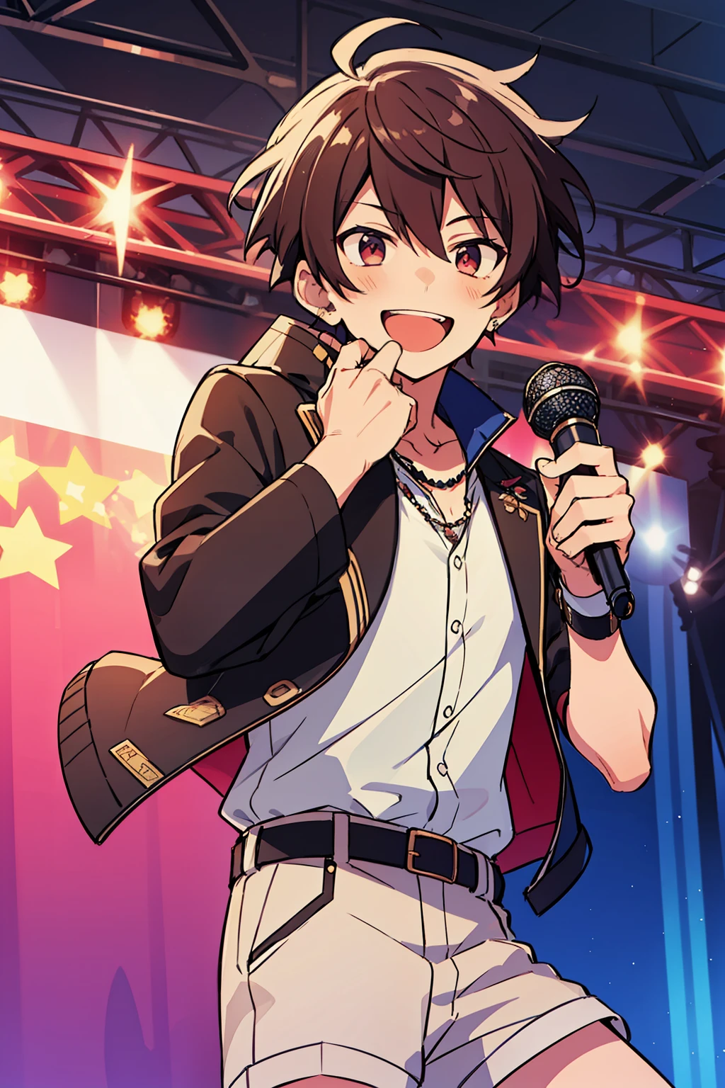 (high-quality, breathtaking),(expressive eyes, perfect face), 1boy, male, solo, short, young boy, brown spiky hair, red eyes, laugh, idol outfit, shorts, on stage