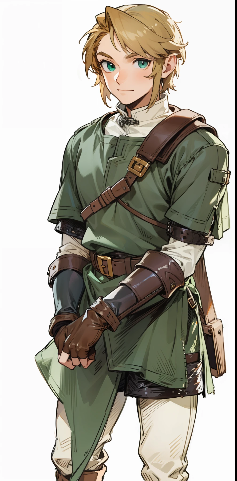 (Link:1)(Warrior:1), (adult man:1), standing, green uniform, full body, leather boots, beige pants, chainmail, gloves , (narrow eyebrows:0.33), confident, (smiling:0.4)