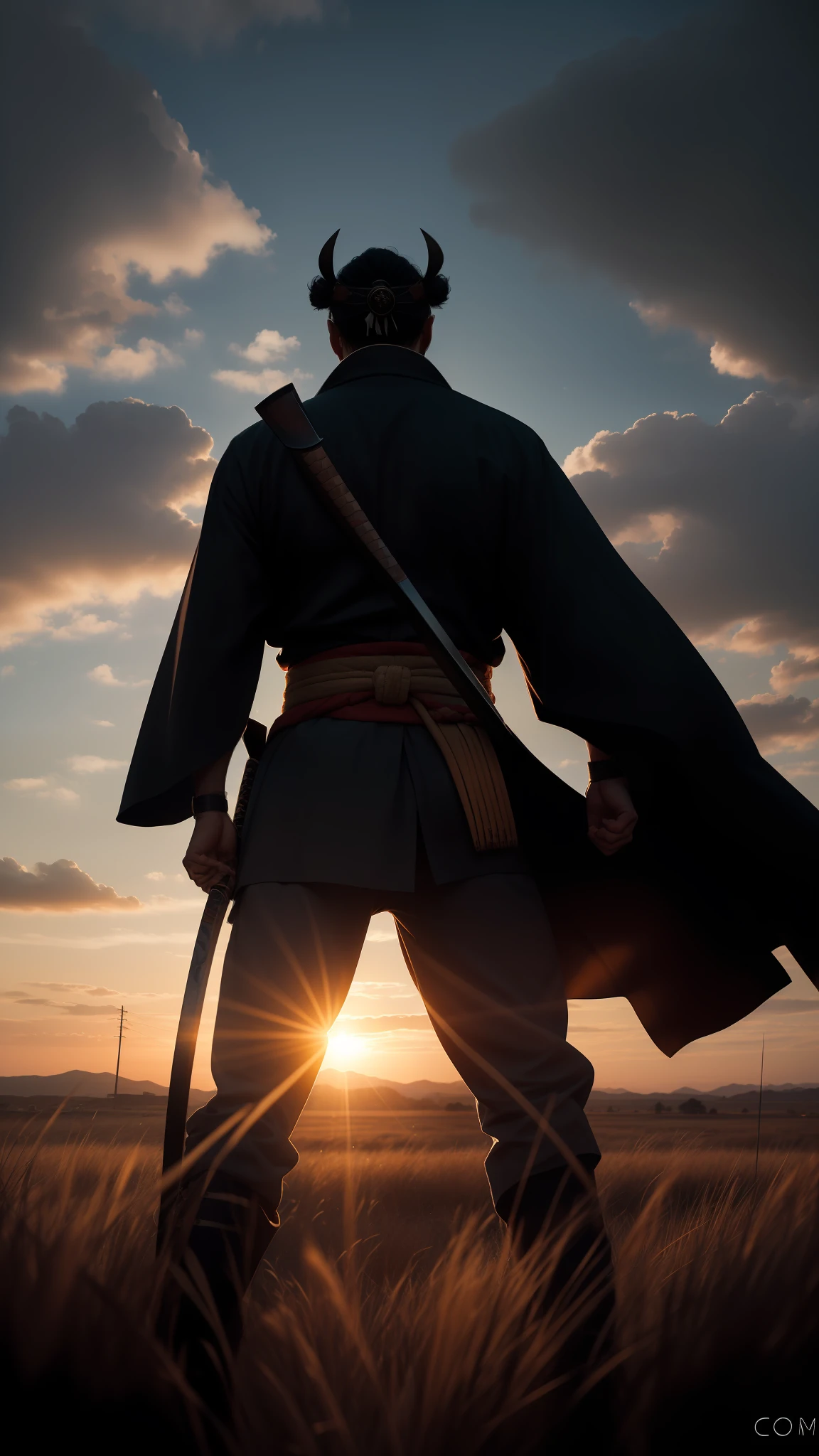 A standing samurai wearing oni mask armor turned his back to the camera (Mostrando o corpo), holding your katana with one hand, looking at the sunset on the horizon. The last battle left the hero exhausted, mas triunfante. O sol brilha intensamente, casting dramatic shadows on his face and katana, as dramatic clouds form around the horizon. The atmosphere is intense and solemn, com um leve ar de melancolia." (CG perfeita, sombra e cores realistas, Close-up and dramatic angle, scenographic atmosphere, some grains and dirt in the image).