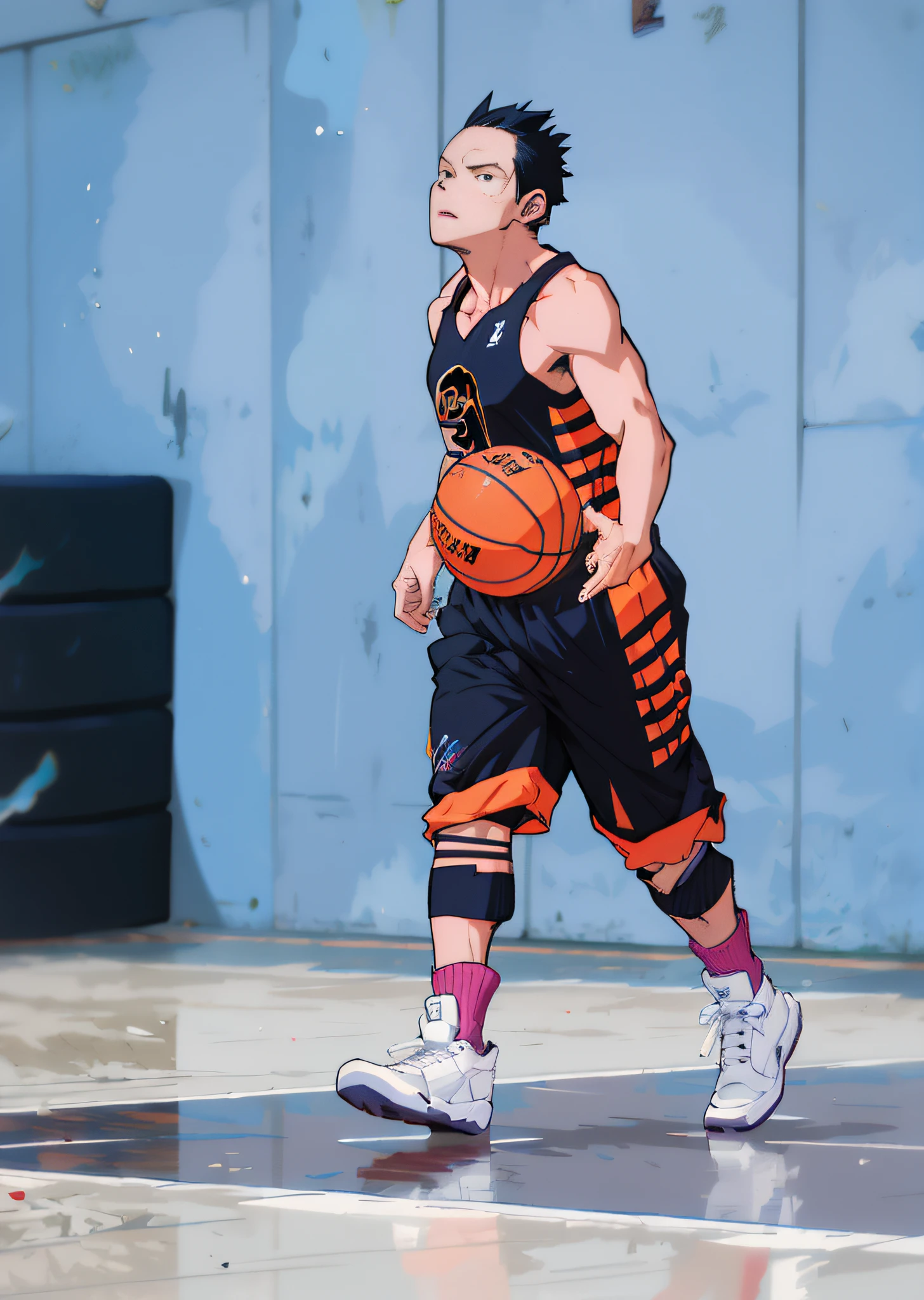 Basketball court background，With wings，Basketball fire，flames of fire，Keep portraying，A man playing basketball，One Piece style，illustration，Two-dimensional characters，ultra-clear，a brightly coloured，Anime style，Two-dimensional，Generate illustrations from pictures