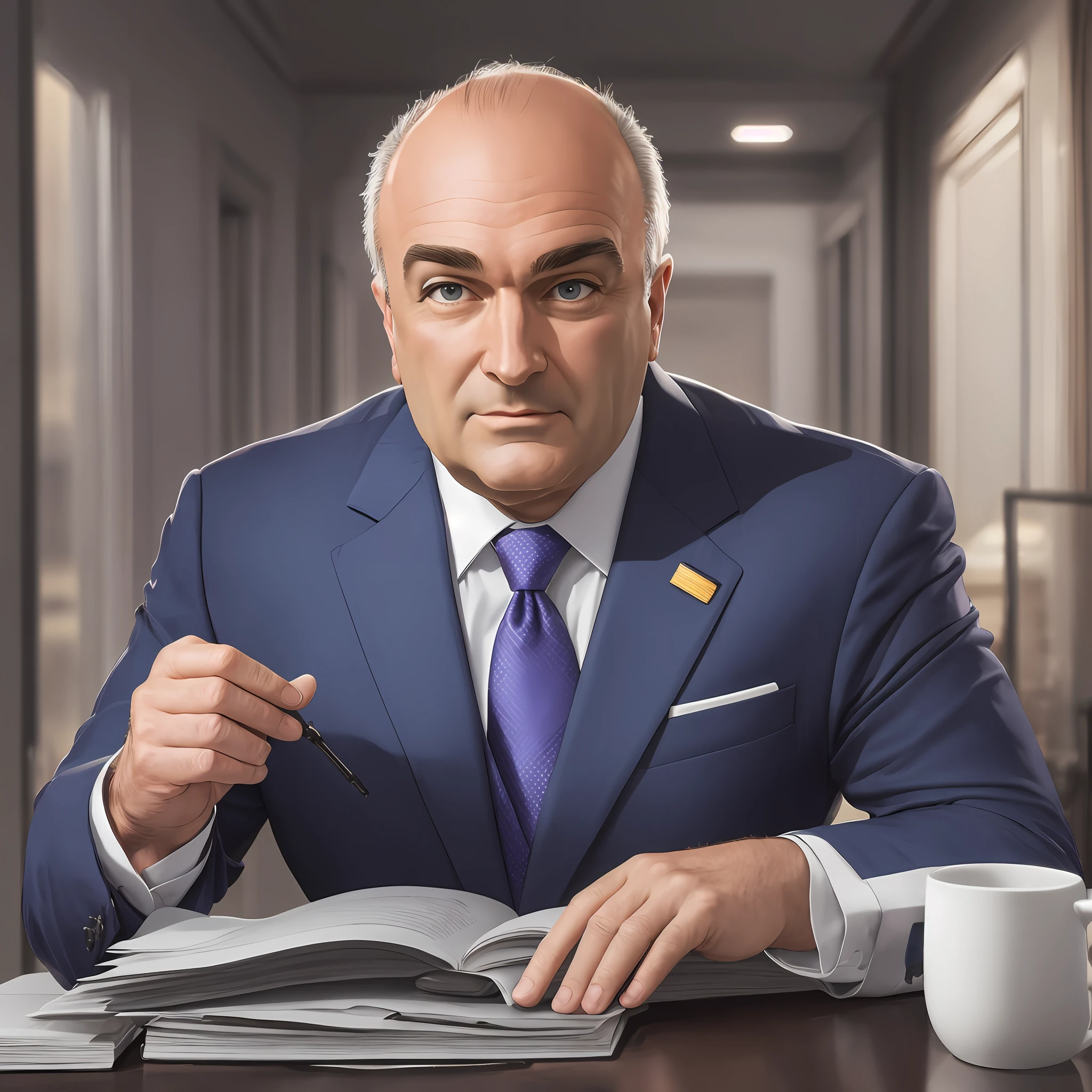 Photo of Kevin O'Leary, 60 years, successful appearance, brown skin, air of seriousness, wearing suit and tie, best quality, rim lighting, highly detailed skin, 8k uhd, dslr, high quality, high resolution, 4k, 8k --auto --s2