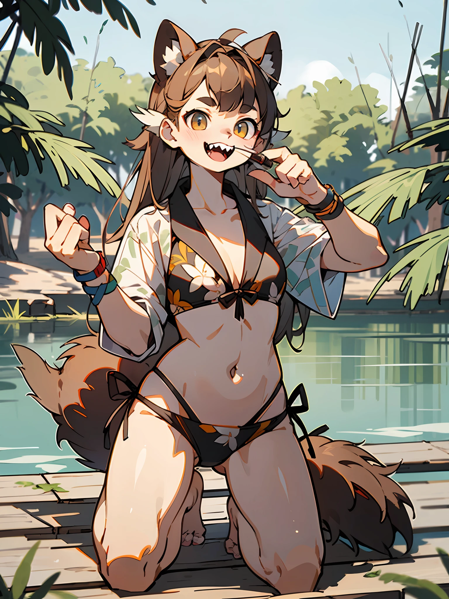 master peice,hyper quality, hyper detailled,Perfect drawing,Hi-Res、独奏、beautiful a girl、bbw、Leaf pattern bikini、Beaver ears:(0.5)、(Beaver's nose)、((Beaver's mouth))、(((Beaver teeth)))、Small eyes、((Beaver's tail))、Beaver's palm、Beaver's paws、Beaver's fingers、sharp claws、Beaver fangs、Hunter's eyes aiming for prey、Mesh for black and light brown hair、Sharp eyes、Height 170cm、MeasurementsB90W60H90、Kneeling、pow pause、(((lakesides)))、beatiful backgrounds、Accurate drawing、Detailed drawing、