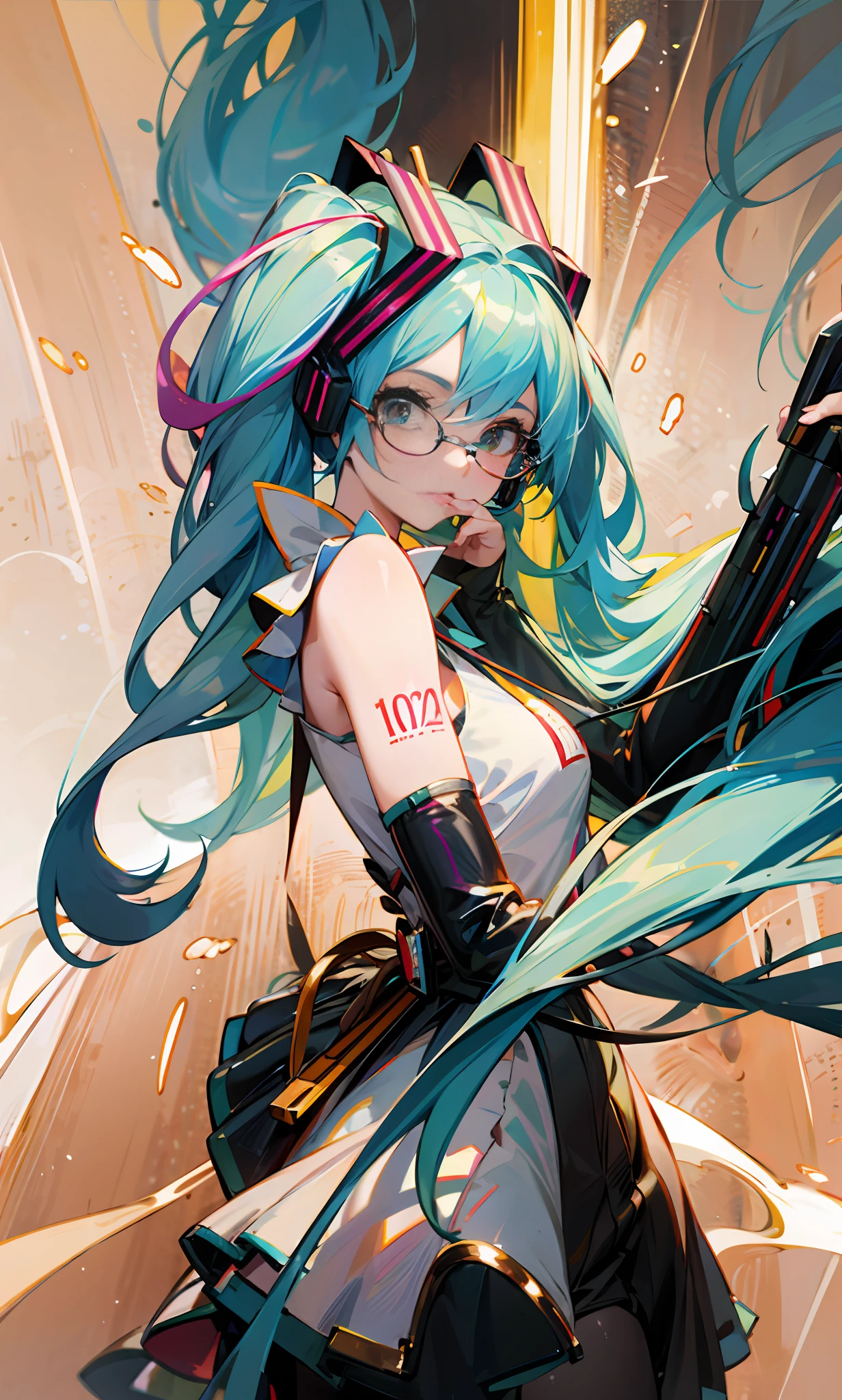 anime - style girl with blue hair and glasses holding a gun, Artgerm and Atey Ghailan, Art germ on ArtStation Pixiv, portrait of hatsune miku, Extremely detailed Artgerm, Art germ. anime illustration, artgerm 4 k, Os amigos, hatsune miku portrait, mikudayo, Artistic germ style,((Delicate arms)),((exquisite facial features))