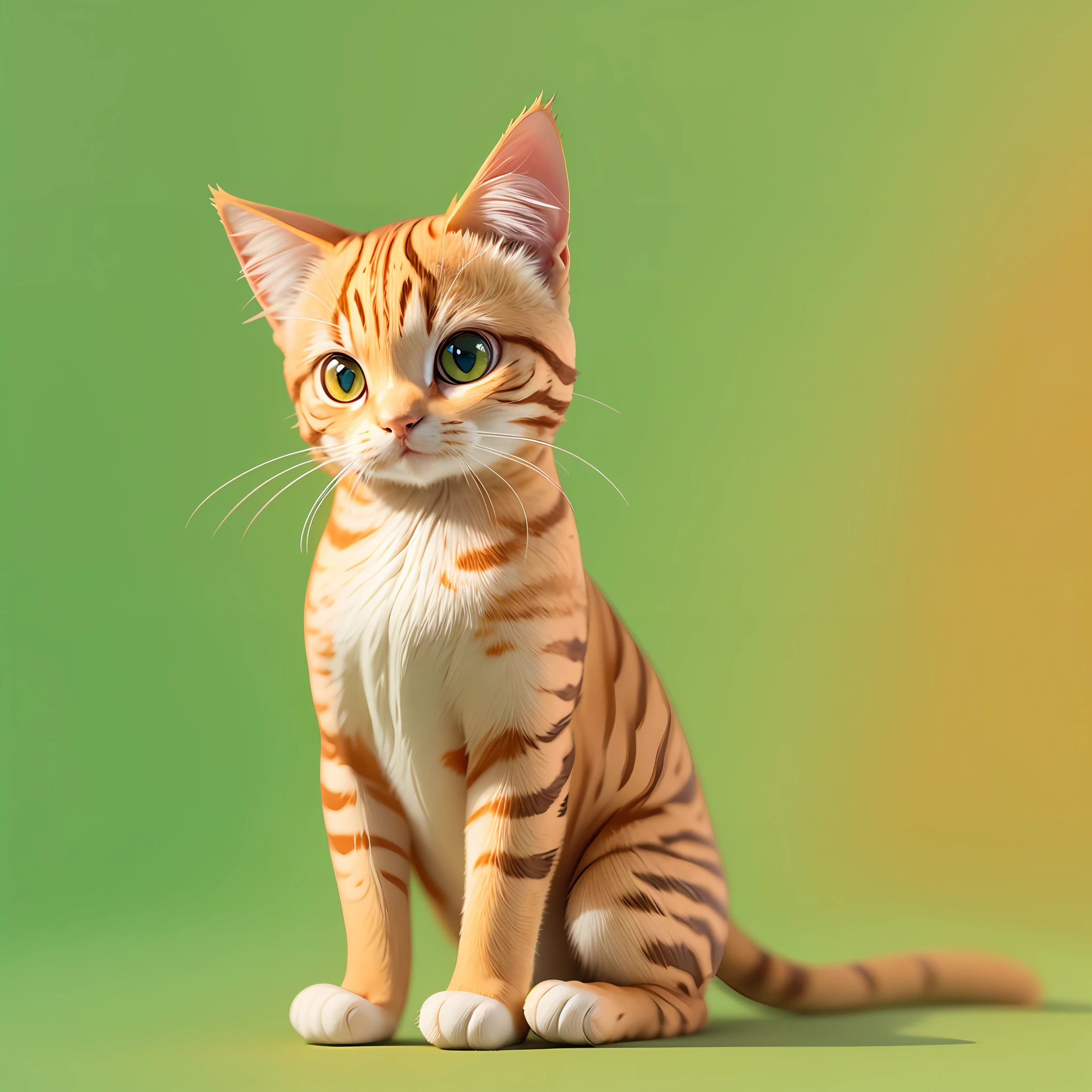 An orange cat，a whole body，pure color background，Green background