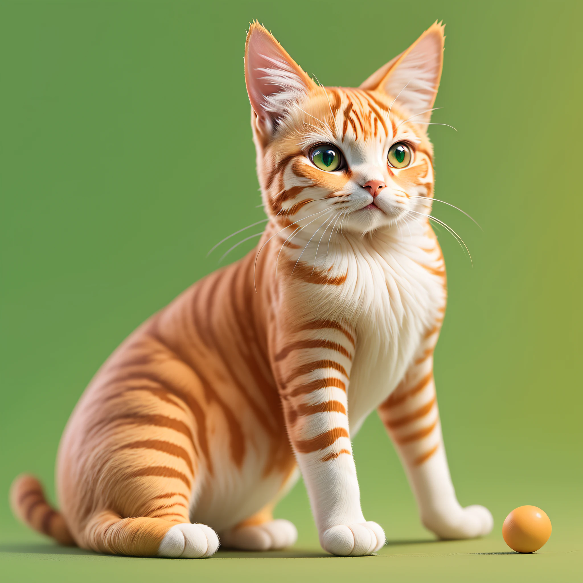 An orange cat，a whole body，pure color background，Green background