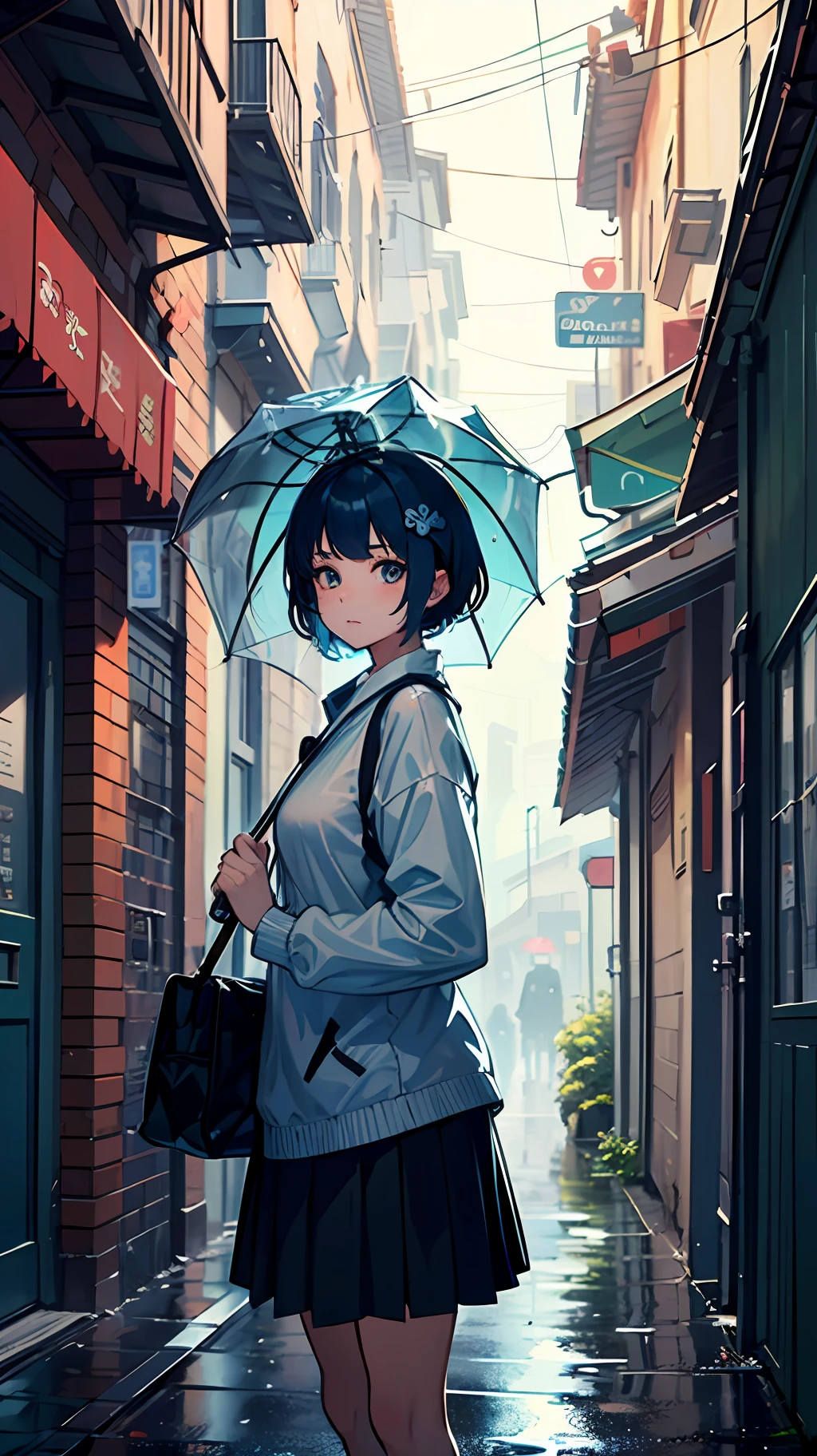 (best quality, masterpiece: 1.3), 1girl, rainy day, fog, alley, umbrella holding, large and transparent umbrella, looking at the viewer, blue hair, facing the photo, short hair, shy girl: 1.3, turtle girl: 1.3, turtle inspired accessories, turtle patterned hair --auto