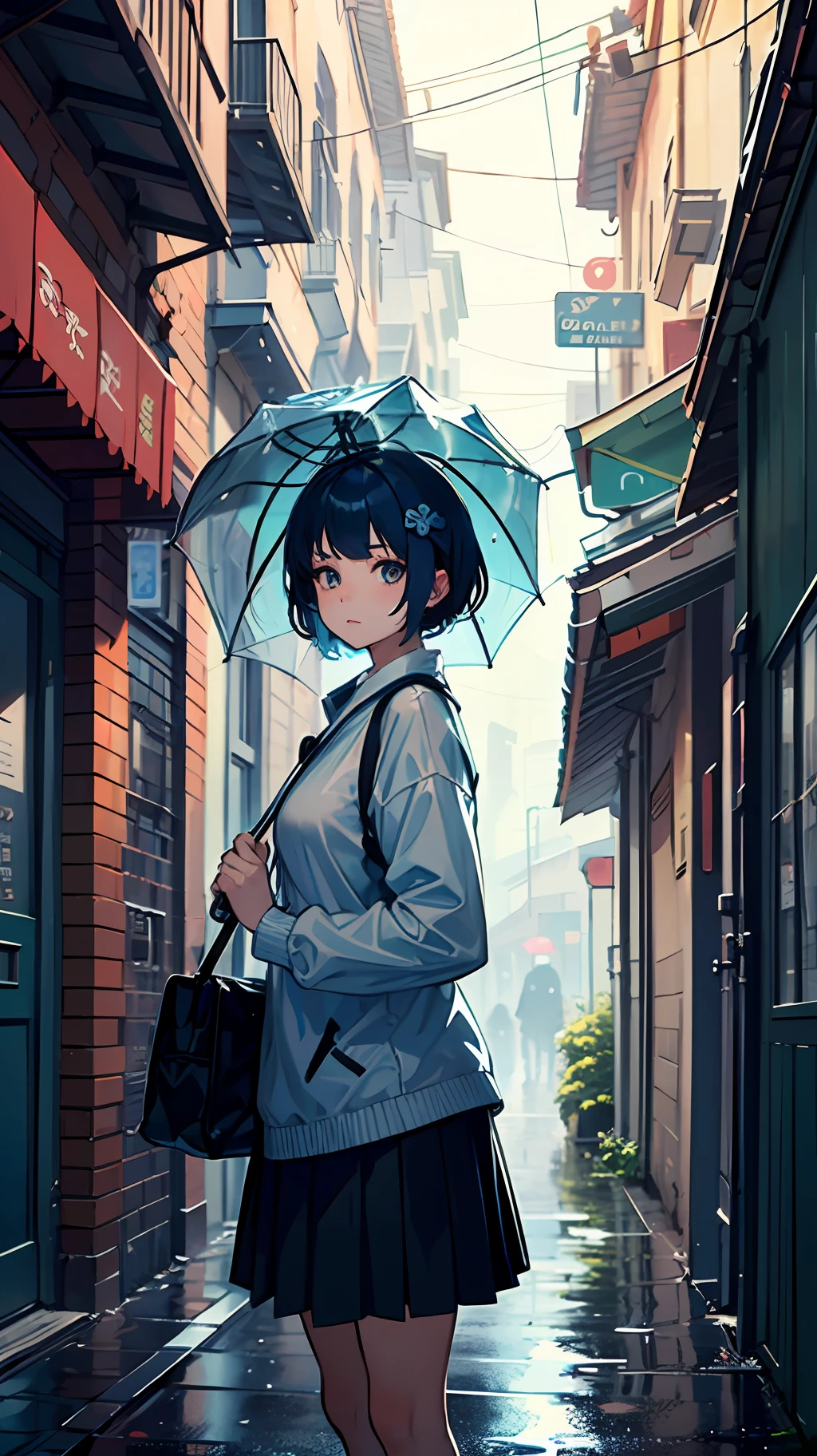 (best quality, masterpiece: 1.3), 1girl, rainy day, fog, alley, umbrella holding, large and transparent umbrella, looking at the viewer, blue hair, facing the photo, short hair, shy girl: 1.3, turtle girl: 1.3, turtle inspired accessories, turtle patterned hair --auto