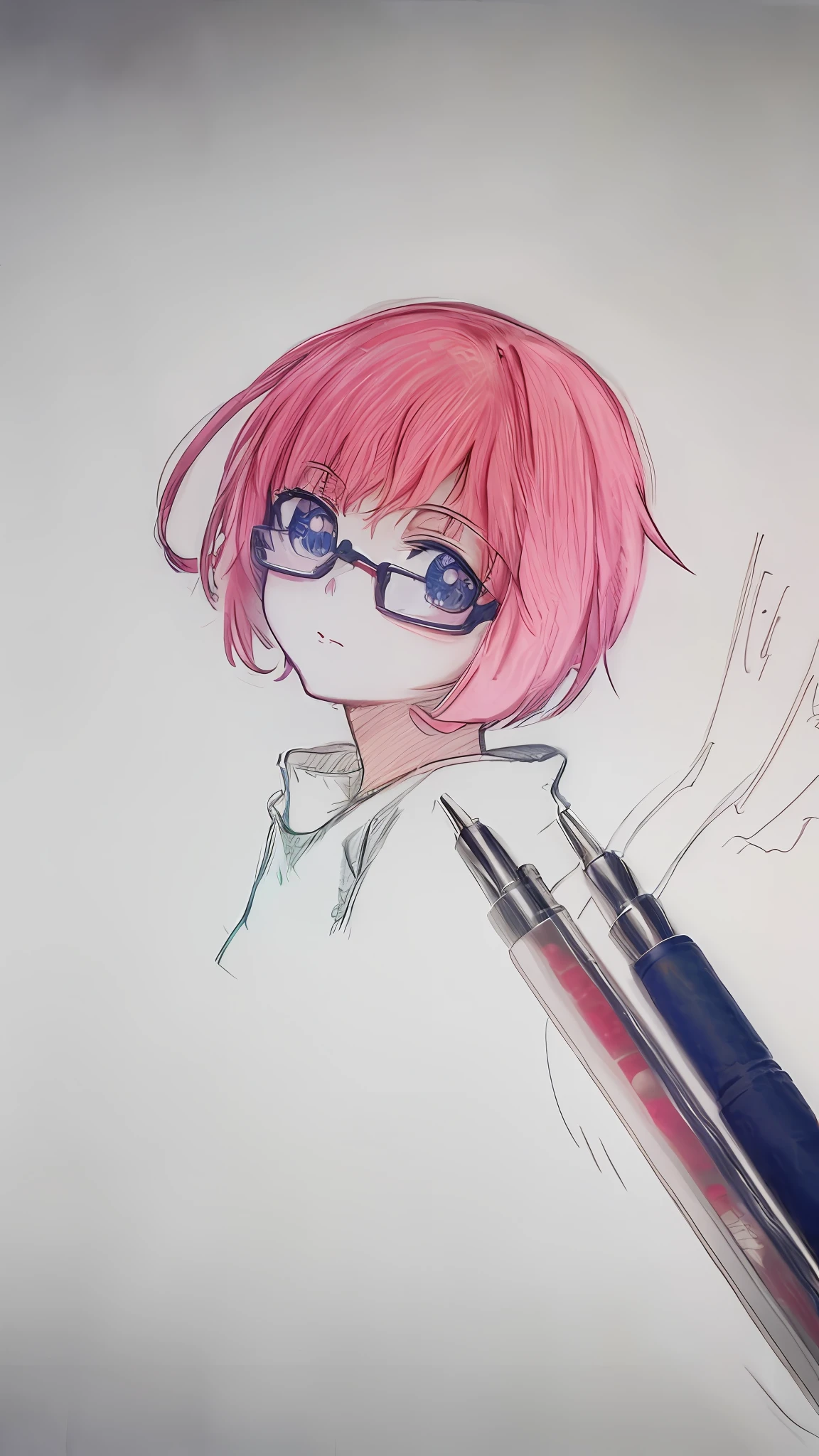 drawing of a woman with glasses and a pink hair with a pen, manga pen, anime sketch, anime style portrait, anime style drawing, semirealistic anime style, in an anime style, pencil style, !pencil, flat anime style shading, Realistic anime art style, an anime drawing, clean detailed anime style, 2 d anime style, anime realism style, pen draw