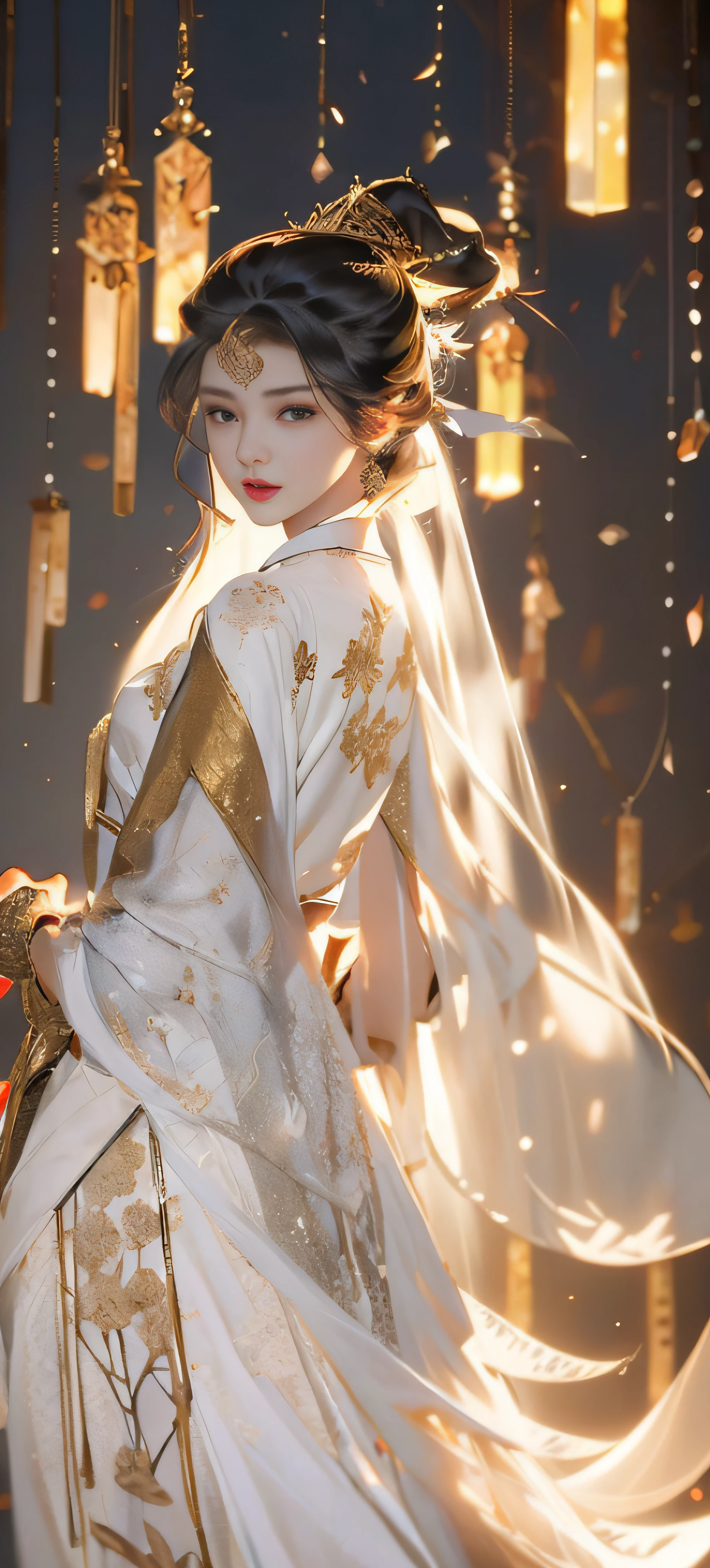 Beautiful details for girls,Very detailed eyes and face,beautiful eyes in detail,Ultra-detailded,high resolucion,Very detailed,The best quality,illustration,exquisite detailing,Best quality,Very detailed CG,8k壁紙,agirl,woods,Long black hair,ponytailhair,Gold ornaments,bangle,(White veil),Beauty of the Western Regions,With a machete,(((White clothes))),peach blossom,Lanterns,complex texture,streamers,Shoulder armor,Armour,,Skirt armor,sophisticated background,