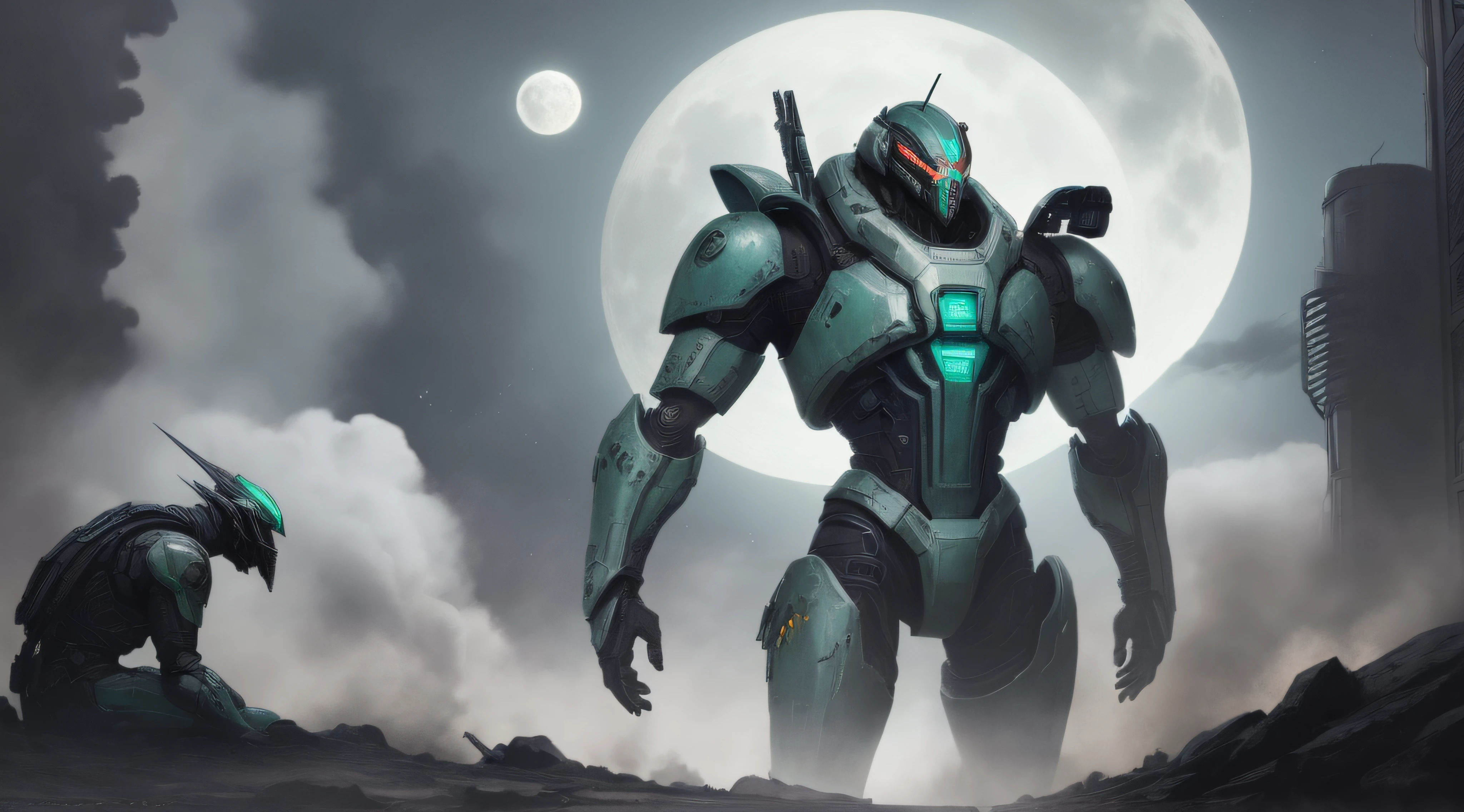 Marine space, Martelo 40,000, mundo em guerra, linda mulher cyberpunk com armadura mecha master chef halo muito detalhado, Mecha Warframe, cores vibrantes, vermelho, Branco, azul, verde, metallic yellow, enferrujada, Usado, sujo de sangue, with sky with clouds and full moon and battleships, corpo inteiro com armadura detalhada, campo de batalha sangrento,