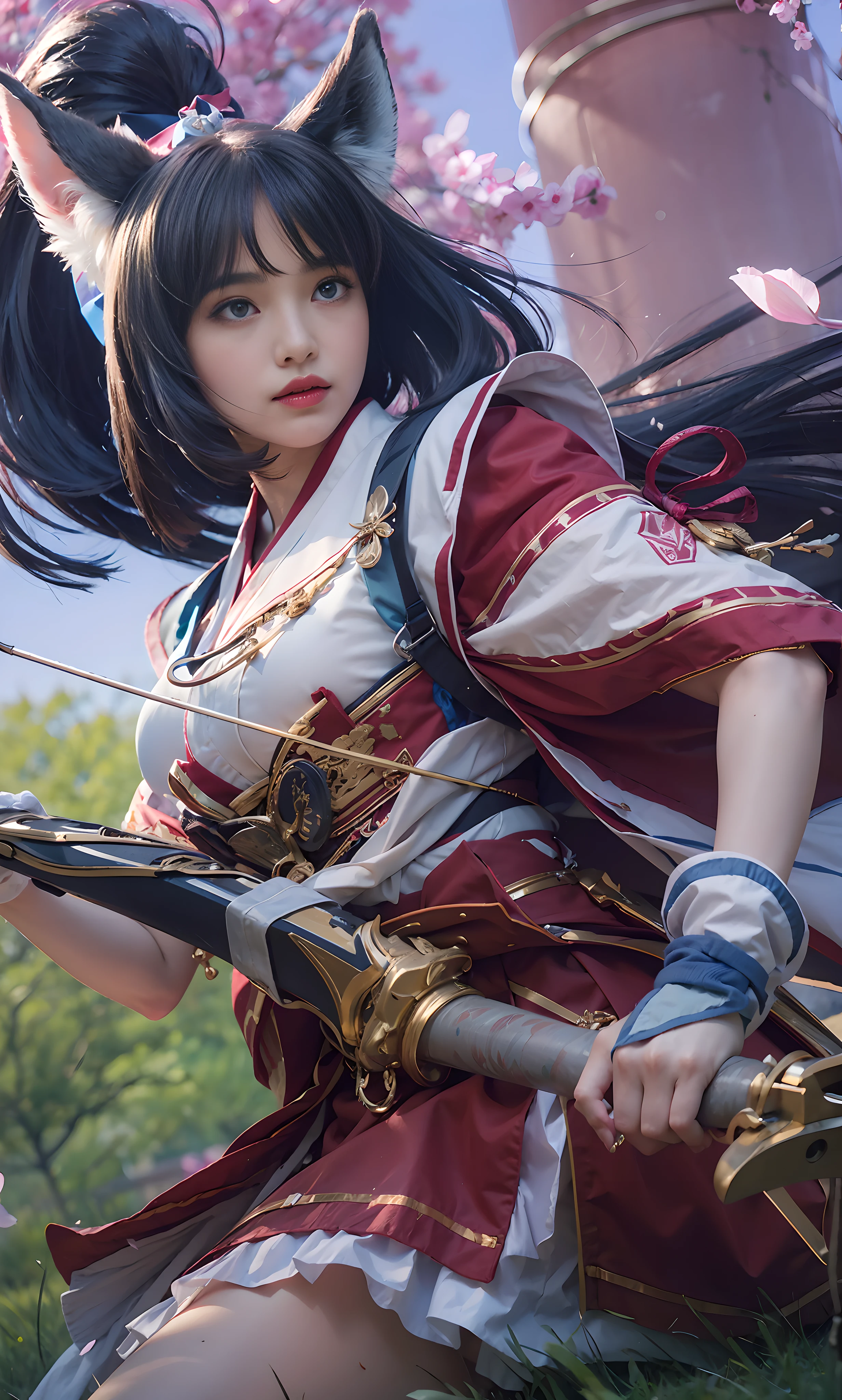 (female:1.2), 8k, ultra hd, ultra detailed texture, hyper realistic, masterpiece, detailed texture, detailed face, detailed skin, detailed lighting, (photorealistic:1.5), best quality, beautiful lighting, cinematic lighting, professional lighting, ultra highres, realistic, detailed hair, real hair, high quality, (realskin:1.5), extremely detailed, finely detail, ultra-detailed, 1girl, solo, (blue eyes:1.6), animal ears, fox ears, pink lips, closed mouth, make up, pretty, beautifull, cute face, wonderland, eye shadow, very long hair, high ponytails, black hair, bangs, hair ornament, large breasts, thigh, japanese clothes, kimono, skirt, ribbon, sash, holding weapon, holding bow \(weapon\), miya \(mobile legends\), sitting on the grass, looking aways, amazing pose, white skin, skin tight, petals, cherry blossoms, tree, outdoors, grass, day, wind, blurry background,