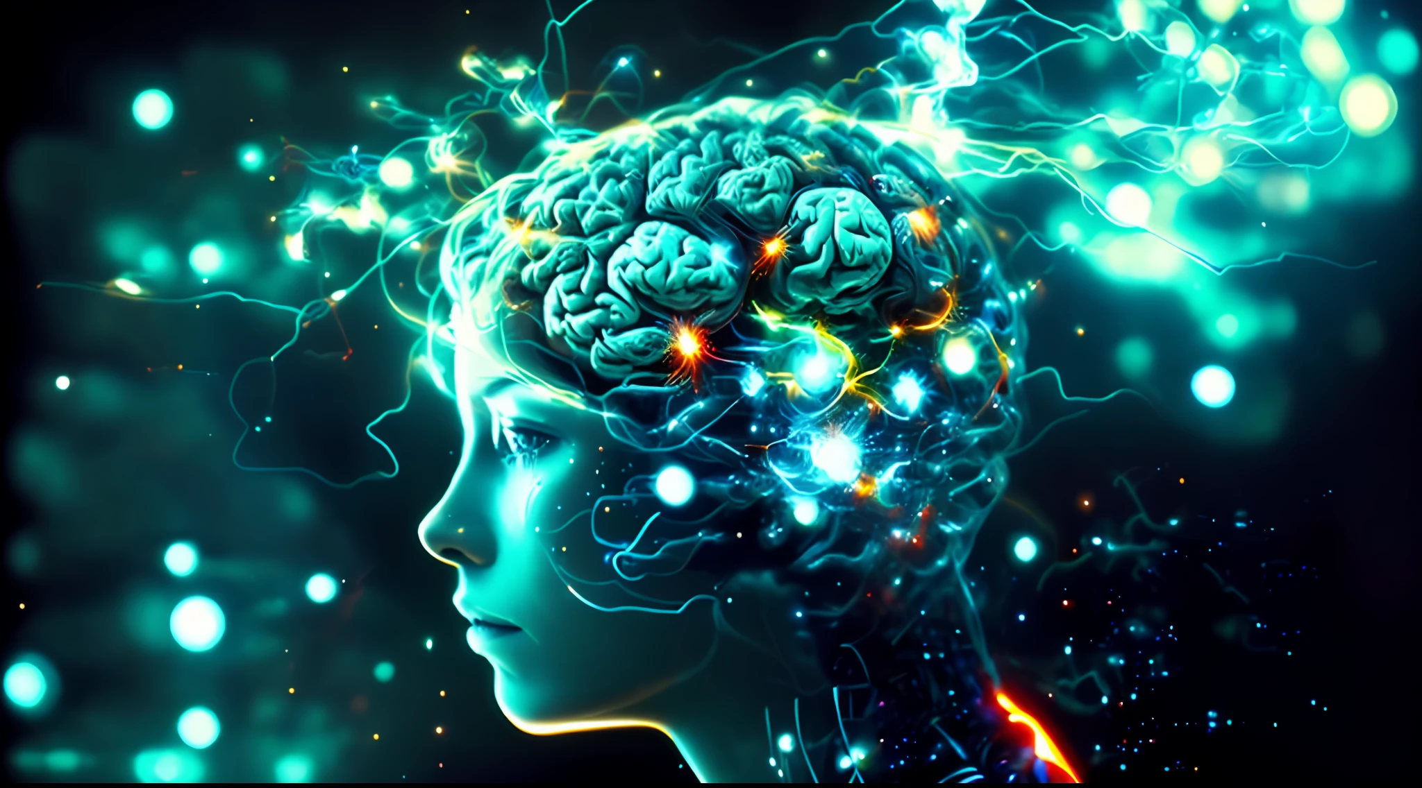 there is a man with a brain that is exploding out of it, detailed glowing head, head exploding, emanating and flowing energy, pintura fosca da mente humana, consciousness projection, circuitry visible in head, cabelos eletrificados, mind character, elevated consciousness, neuroscience, adam and eve inside the brain, tragedy of the mind - driven, consciousness, neural, sobrecarga