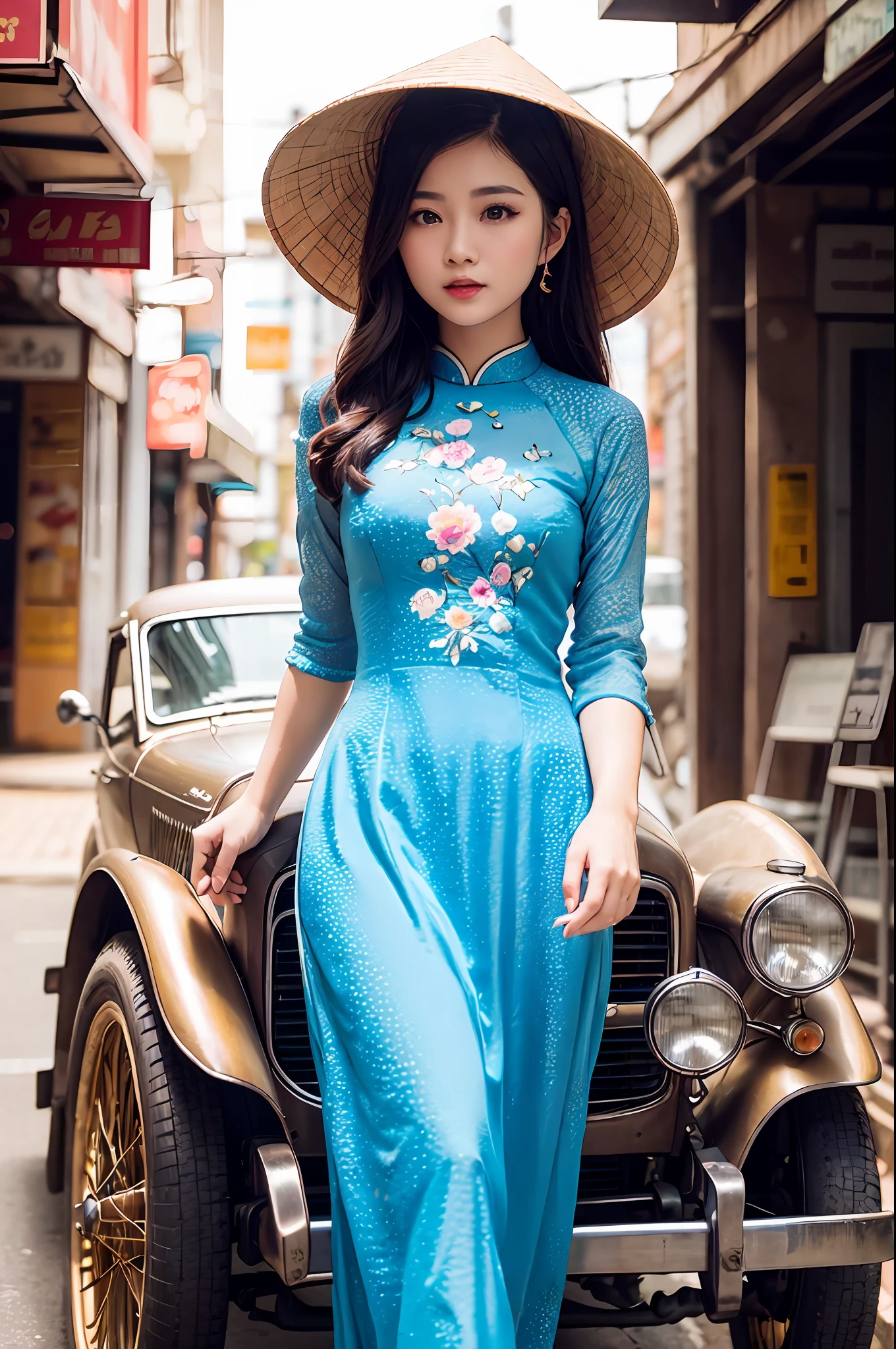 a beautiful girl in vintage bright colors aodai tradition viet nam, city nigth, masterpiece, best quality, realistic:1.3, street, cyberpunk, sunlight, backlighting, artstation, intricate details, vignette, city night, antique car, Hoi An, Conical Hat traditional viet nam