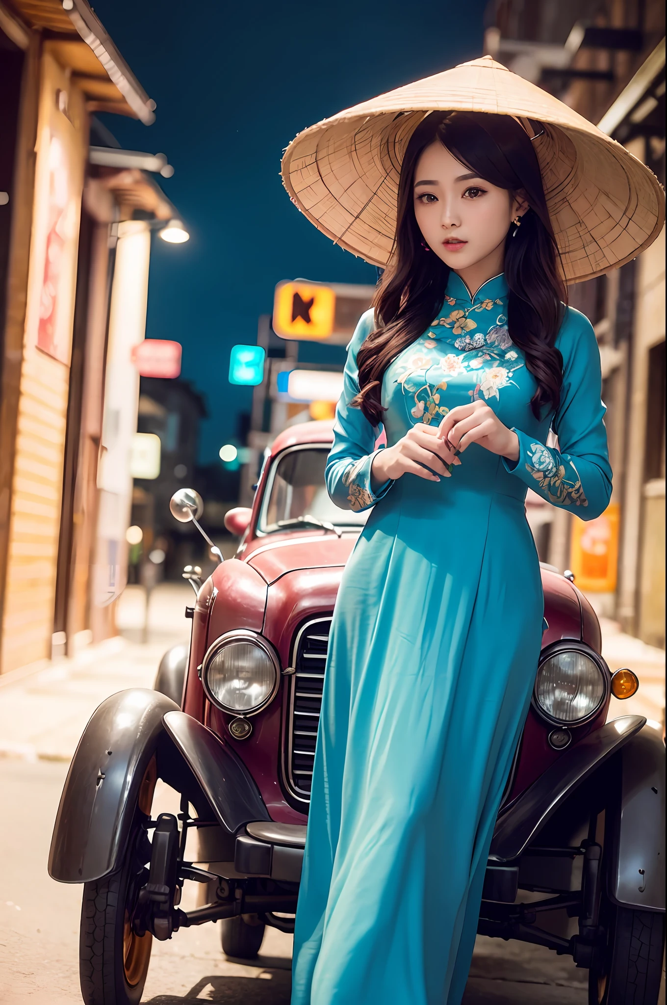 a beautiful girl in vintage bright colors aodai tradition viet nam, city nigth, masterpiece, best quality, realistic:1.3, street, cyberpunk, sunlight, backlighting, artstation, intricate details, vignette, city night, antique car, Hoi An, Conical Hat traditional viet nam