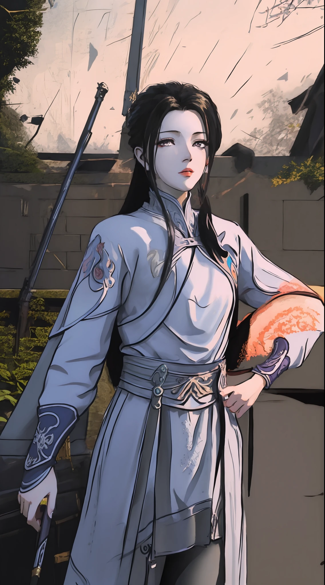 masterpiece, (best quality:1.4), (ultra highres:1.2),4K quality, (delicate illustration:1.4),(8k, RAW photo:1.2),1girl,veil, purple eyes,armor, dress, thighhighs, thigh boots, cowboy shot,