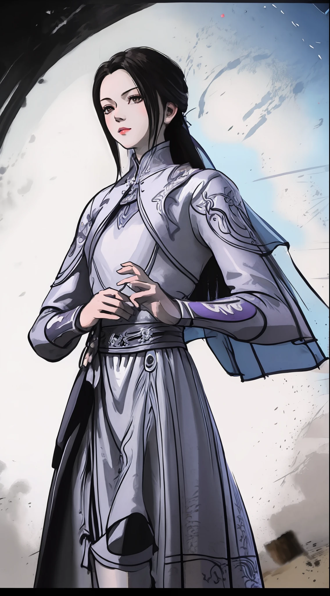masterpiece, (best quality:1.4), (ultra highres:1.2),4K quality, (delicate illustration:1.4),(8k, RAW photo:1.2),1girl,veil, purple eyes,armor, dress, thighhighs, thigh boots, cowboy shot,