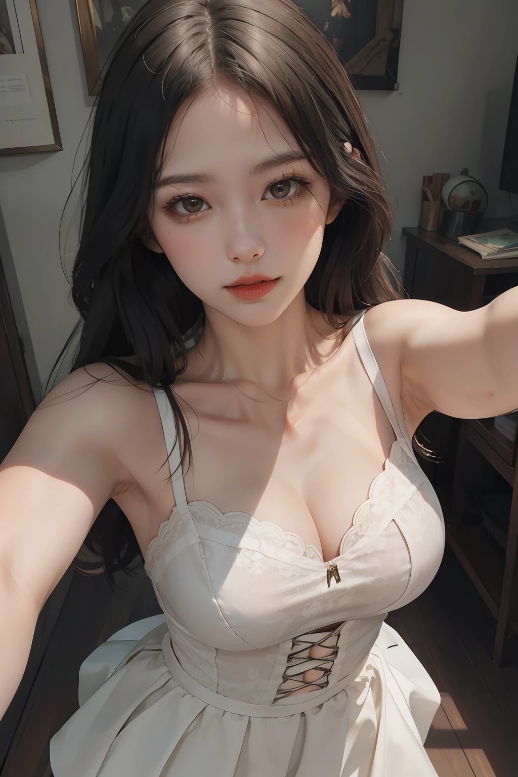 white skirt dress, flower pattern in dress,white gow,underbust,8K,最佳质量,nmasterpiece,ultra-high-resolution,(真实感:1.4),OriginalPhoto,(True skin texture:1.3),(filmgrain:1.3),(Selfie angle),1个Giant Breast Girl,Beautiful eye and face details,nmasterpiece,the best quality,Close up of,Haut du corps,