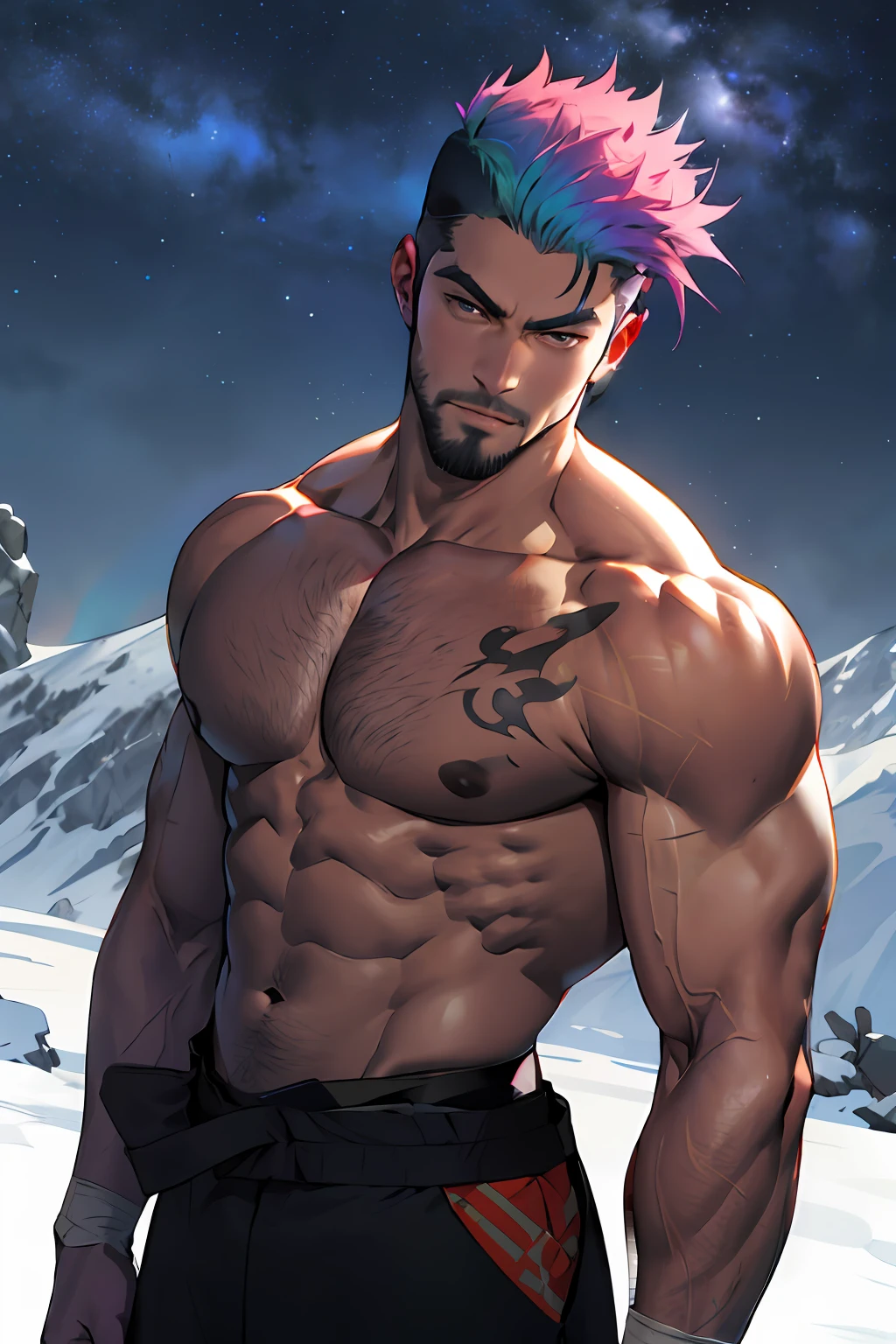 handsome samurai man looking directly at the camera, detailed musculature