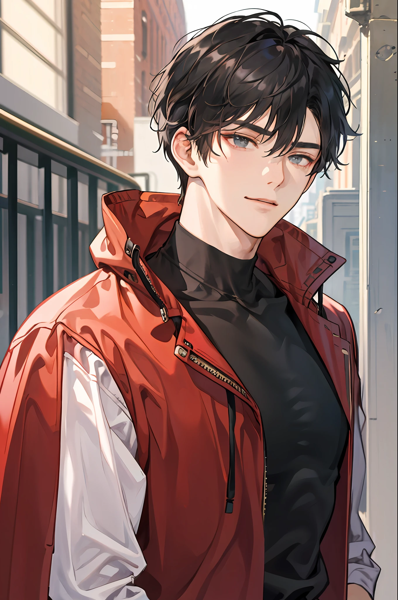 official art, work in progress, close up, up close, head shot, simple coloring, (handsome korean man), (korean man), youthful face, clean-shaven face, Delicate and beautiful hair and eyes and face, handsome man, college, campus, lean, muscular, broad shoulders, smirking, tousled hair, short hair, dynamic hair, jet black hair, glow grey eyes, (grey t-shirt, red coat, black trousers), brown skin, 1man