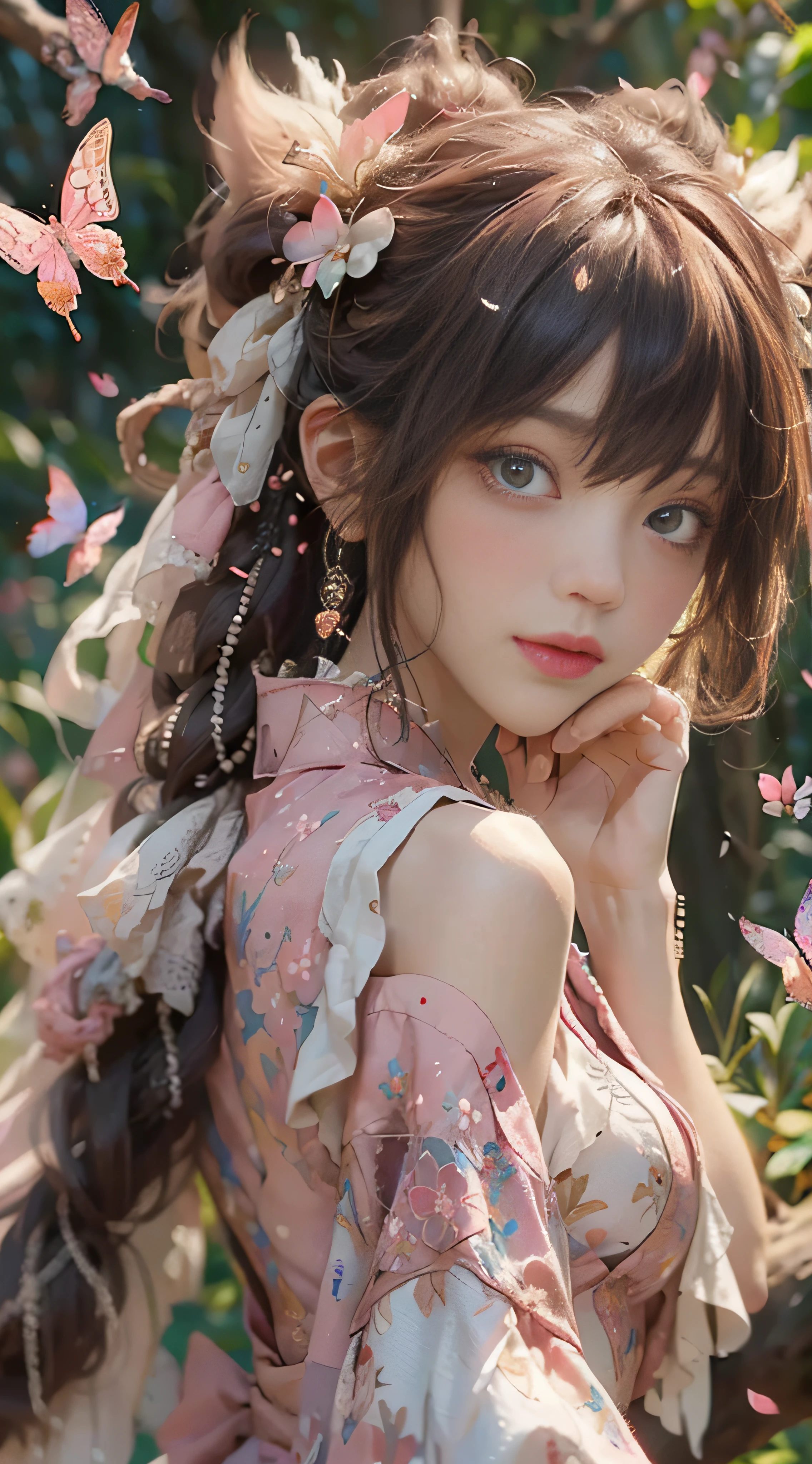 ((best qulity)), ((The Masterpiece)), (Detail:1.4), 3D, Beautiful cyberpunk female images,hdr(High dynamic range),raytraced,NVIDIA RTX,The ultra-Resolution,illusory 5,sub-surface Scattering,PBR textures,post-processed,Anisotropic filtration,deep of field,maximum definition and sharpness,multi-layer texture,Albedo e mapas Speculares,Surface Coloring,Mitsu-Accurate simulation of material interactions,perfectly proportioned,octane rendered,Two-colored light,Large aperture,Low ISO,White balance,Rule three points、8K raw data、beautiful bright pupils,Off-the-shoulder clothing,Fine pupils,Delicate face and eyes,long eyelash,Blushlush,Delicate and fluffy hair,Pink lips,Pure,cute nippkes,Sweet girl,Artistic sense,Casual wear,Sense of premium,butterflies,Cherry blossom petals,Beautiful hair accessories