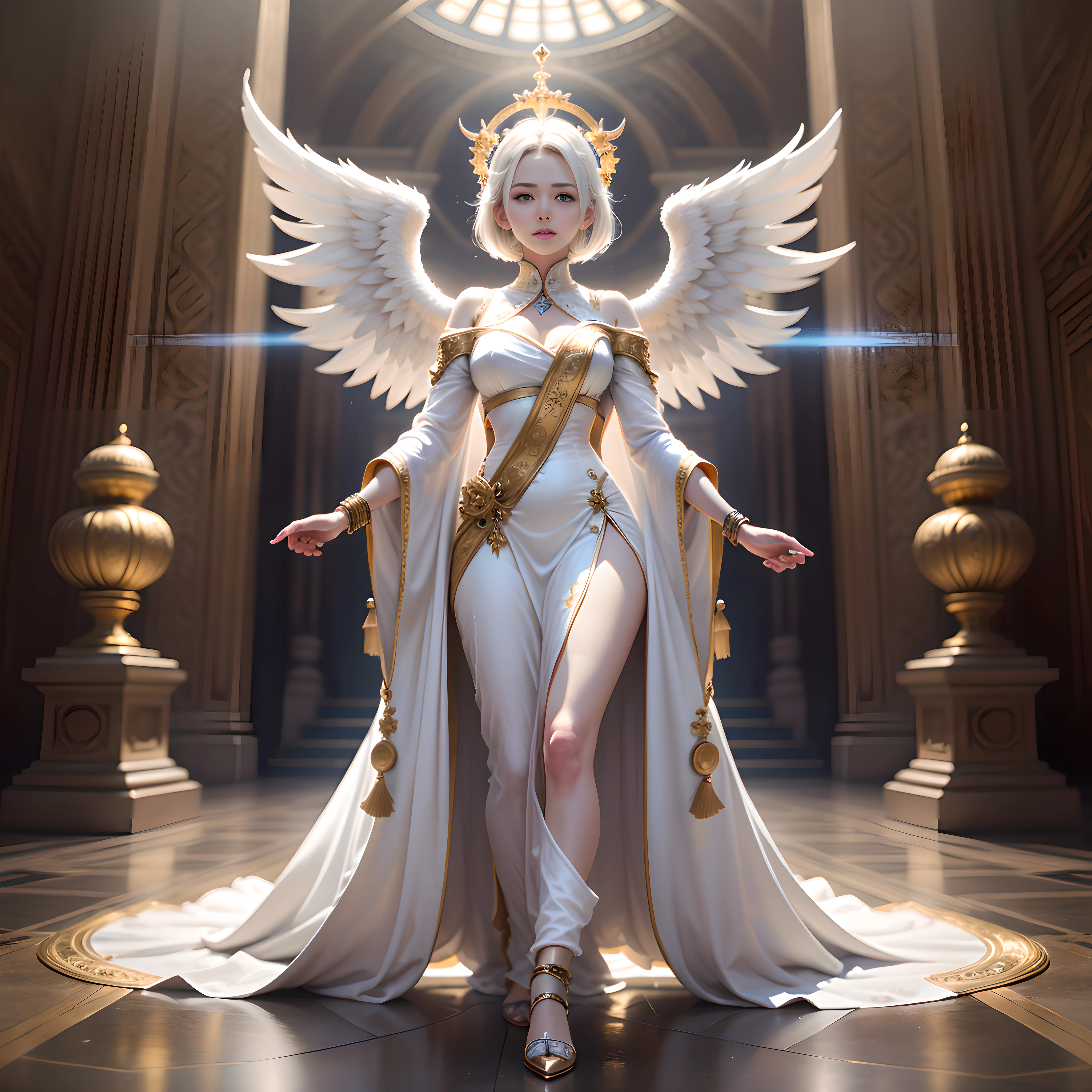 Angel Maiden of Positive Light, white short hair, Royal sister, Pure white clothes, Bright blue eyes, Angel God, White sexy clothes, Gold class decoration faith items, Full body photo, Sky light background, Gold bracelet, God tattoo,Chiaroscuro, Depth of field, Cinematic lighting, Fujicolor, Canon, Ray tracing, god light,The eyes of mercy on sinners,light circles , Best quality