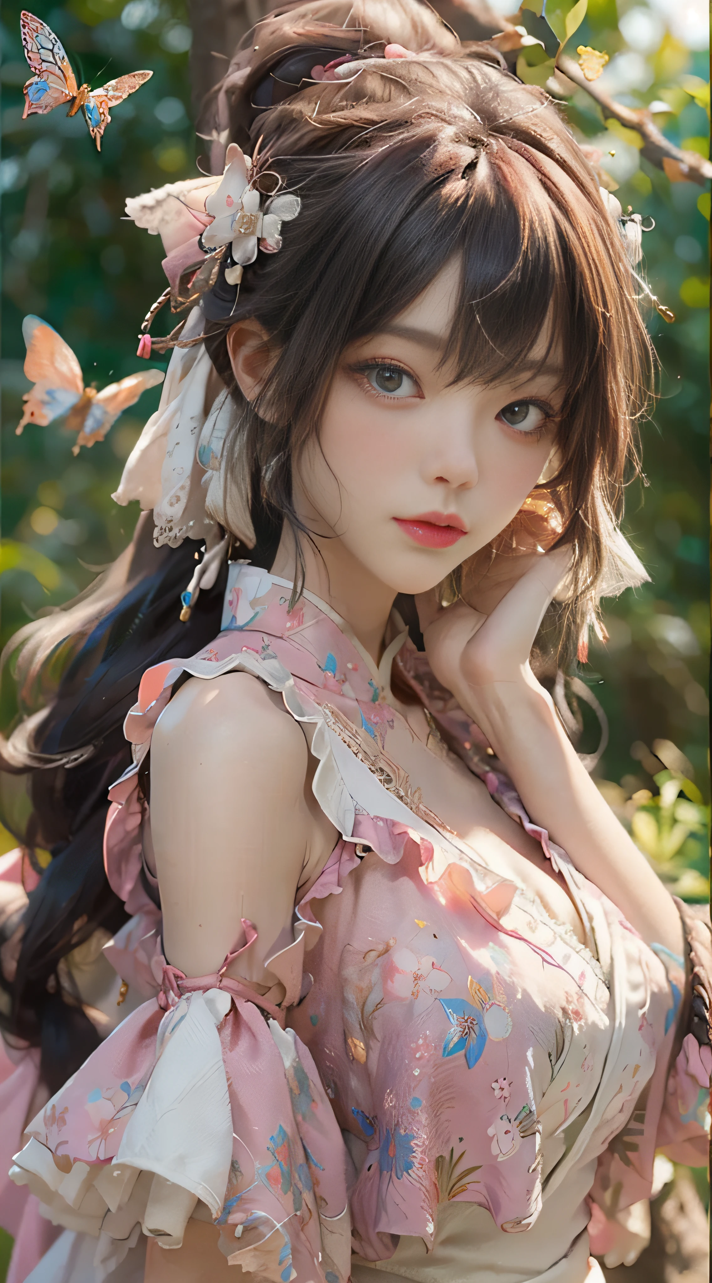 ((best qulity)), ((The Masterpiece)), (Detail:1.4), 3D, Beautiful cyberpunk female images,hdr(High dynamic range),raytraced,NVIDIA RTX,The ultra-Resolution,illusory 5,sub-surface Scattering,PBR textures,post-processed,Anisotropic filtration,deep of field,maximum definition and sharpness,multi-layer texture,Albedo e mapas Speculares,Surface Coloring,Mitsu-Accurate simulation of material interactions,perfectly proportioned,octane rendered,Two-colored light,Large aperture,Low ISO,White balance,Rule three points、8K raw data、beautiful bright pupils,Off-the-shoulder clothing,Fine pupils,Delicate face and eyes,long eyelash,Blushlush,Delicate and fluffy hair,Pink lips,Pure,cute nippkes,Sweet girl,Artistic sense,Casual wear,Sense of premium,butterflies,Cherry blossom petals,Beautiful hair accessories