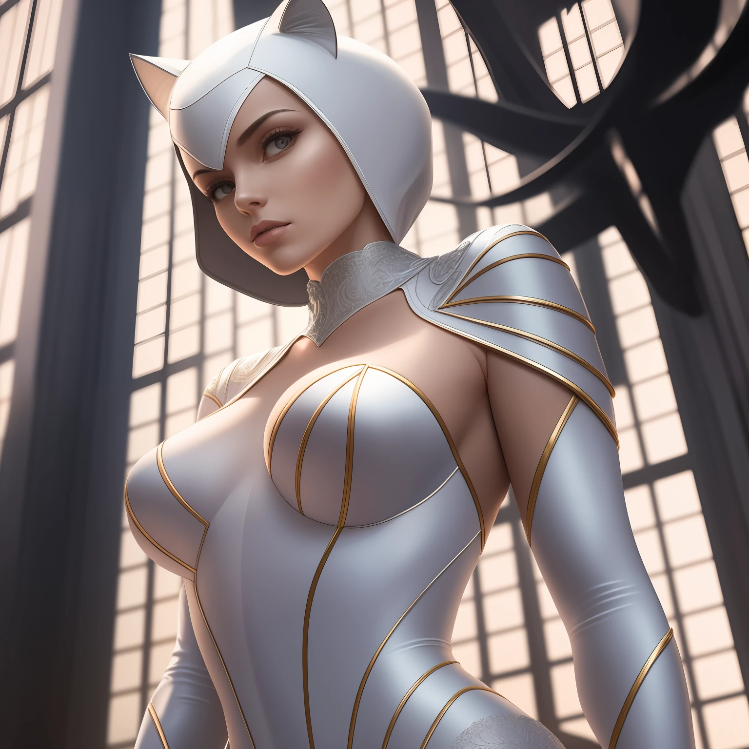 White Catwoman standing tall and confident on a sleek, futuristic suit, on top of a towering antenna reaching towards the sky. The scene is bathed in warm, golden light, creating a serene atmosphere. The overall mood of the artwork is futuristic and adventurous. The camera used is a high-end model, capturing the details with precision. The composition highlights the grandeur of the structure and the presence of White Catwoman. The perspective is chosen to emphasize the height and scale of the antenna. The depth of field is set to keep both White Catwoman and the structure in sharp focus. The shutter speed is adjusted to freeze any movement and capture the scene with clarity. The photo quality is pristine, showcasing the intricate details of the suit and the structure. The image is expertly framed, with attention to symmetry and balance.