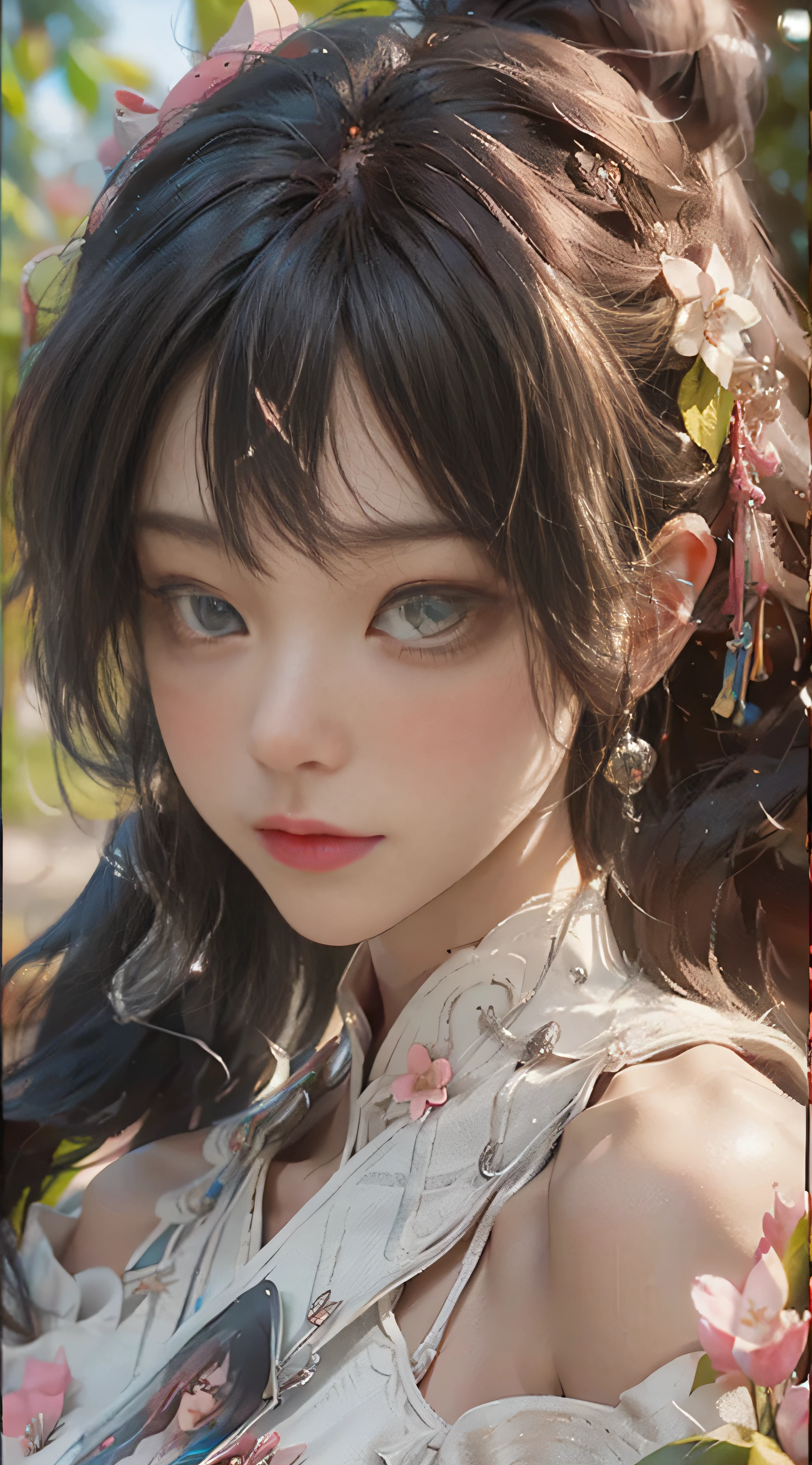 ((best qulity)), ((The Masterpiece)), (Detail:1.4), 3D, Beautiful cyberpunk female images,hdr(High dynamic range),raytraced,NVIDIA RTX,The ultra-Resolution,illusory 5,sub-surface Scattering,PBR textures,post-processed,Anisotropic filtration,deep of field,maximum definition and sharpness,multi-layer texture,Albedo e mapas Speculares,Surface Coloring,Mitsu-Accurate simulation of material interactions,perfectly proportioned,octane rendered,Two-colored light,Large aperture,Low ISO,White balance,Rule three points、8K raw data、beautiful bright pupils,Off-the-shoulder clothing,Fine pupils,Delicate face and eyes,long eyelash,Blushlush,Delicate and fluffy hair,Pink lips,Pure,cute nippkes,Sweet girl,Artistic sense,Casual wear,Sense of premium,butterflies,Cherry blossom petals,Beautiful hair accessories