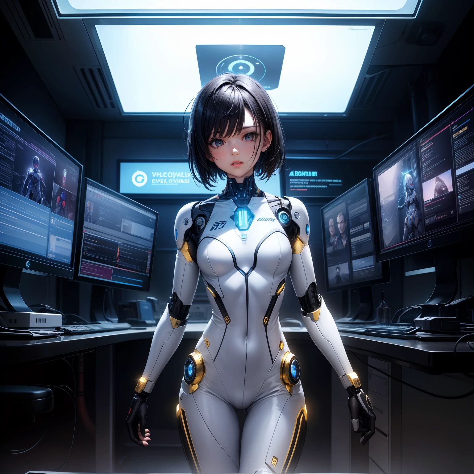 black  hair, Cybernetic Girl, Beautie, short-hair, Sci-fi style white bodysuit, LED lights on cyborg parts, Partially gold on cyborg parts,A sexy,Whole human body, Dark Sci-Fi Lab, 6 monitors in the background, Stylish sci-fi graphics on each monitor, Cinematic lighting, Active Pose