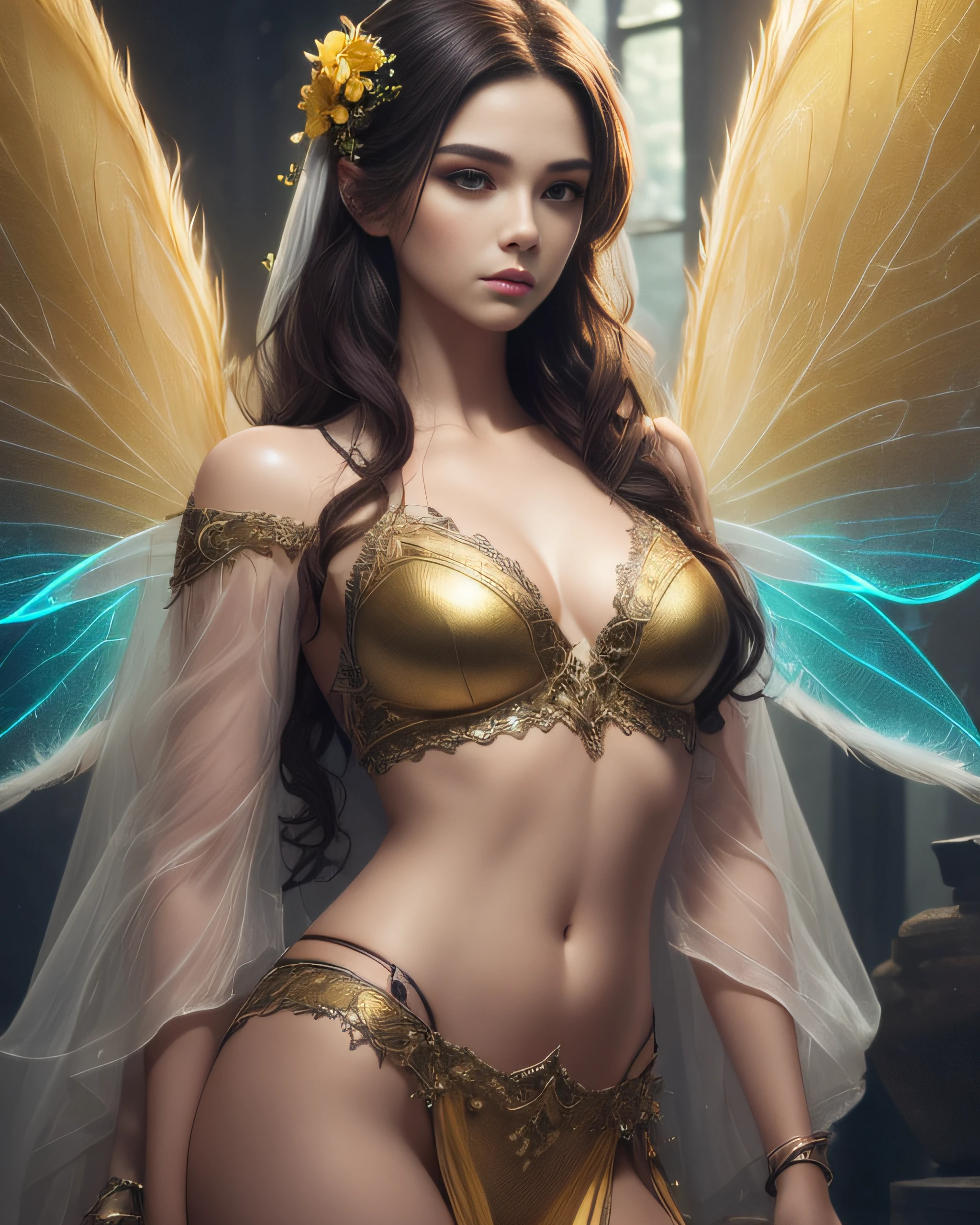 (best quality:1.33), (masterpiece:1.42), (realistic:1.24), (detailed:1.15), 1girl, matte yellow skin, white currant nymph, fairy wings, see-through gossamer, cowboy shot, illustration